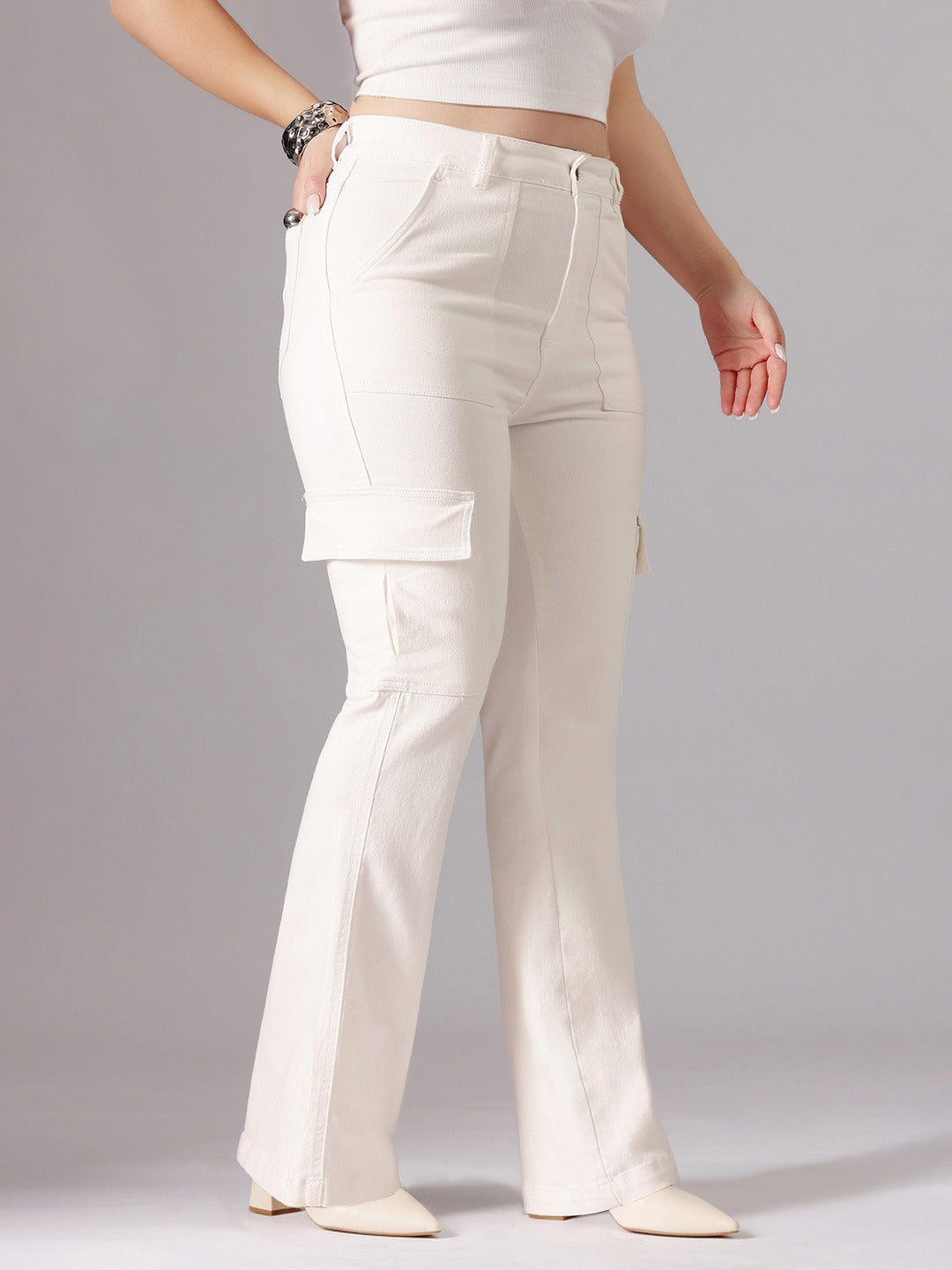 White Wide-Leg High-Rise Stretchable Denim Jeans for Women