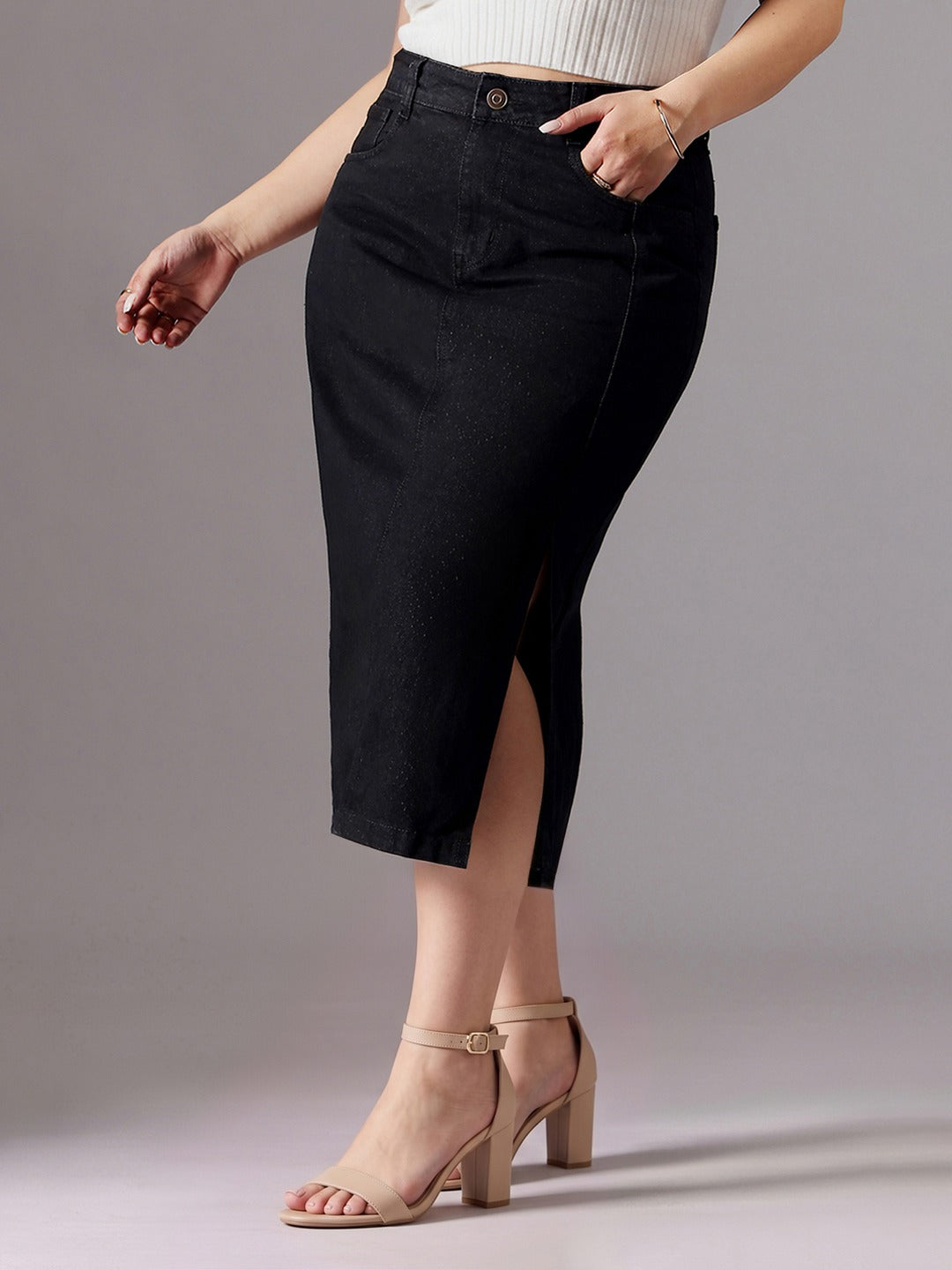 Black Straight-Fit High-Rise Stretchable Denim Midi Skirt for Women