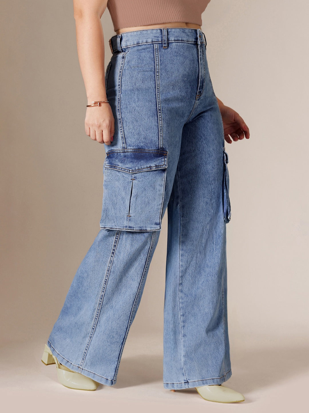 Blue Wide-Leg High-Rise Stretchable Patch-Pocketed Denim Jeans for Women