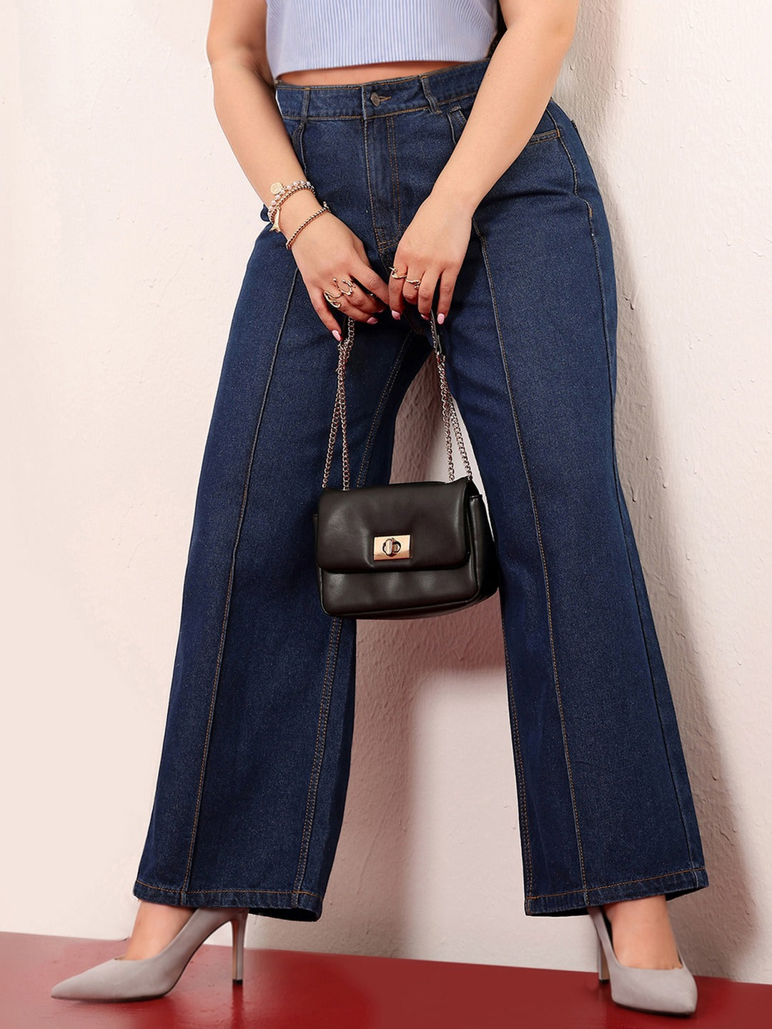 Navy Blue Wide-Leg High-Rise Non-stretchable Denim Jeans for Women