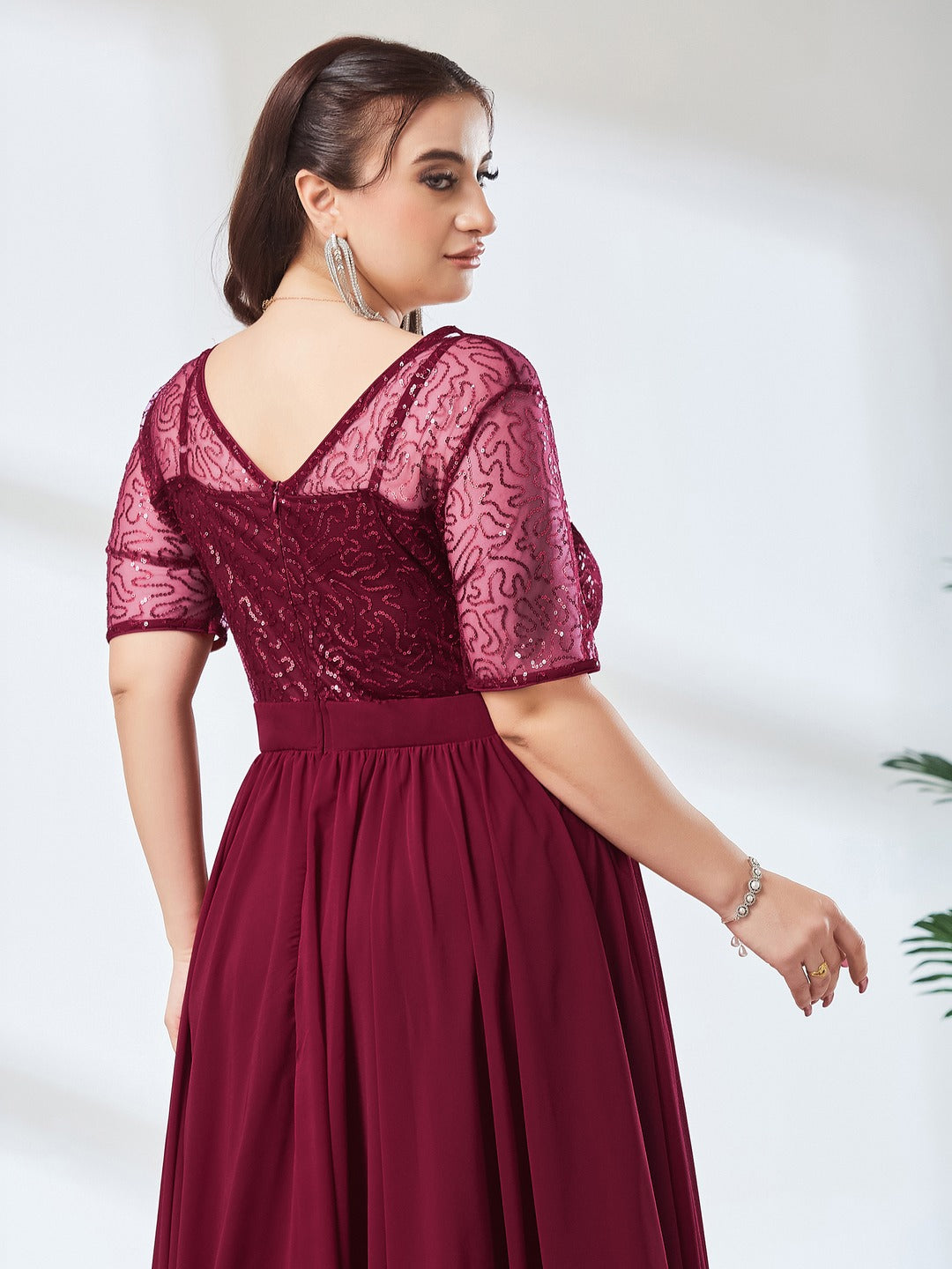 Maaroon Relaxed Fit Maxi Georgette & Sequins Dress for Women