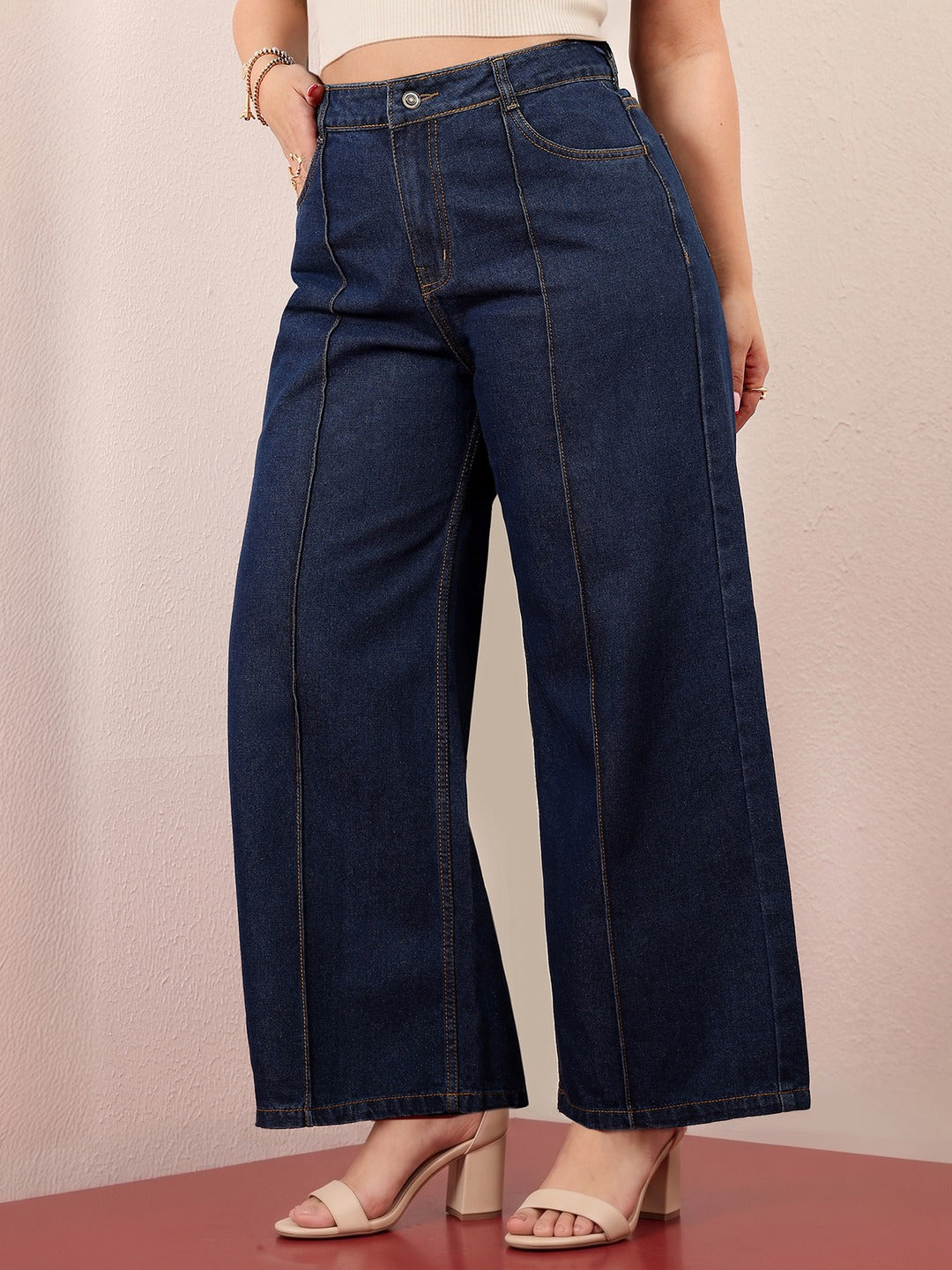 Navy Blue Wide-Leg High-Rise Non-stretchable Denim Jeans for Women