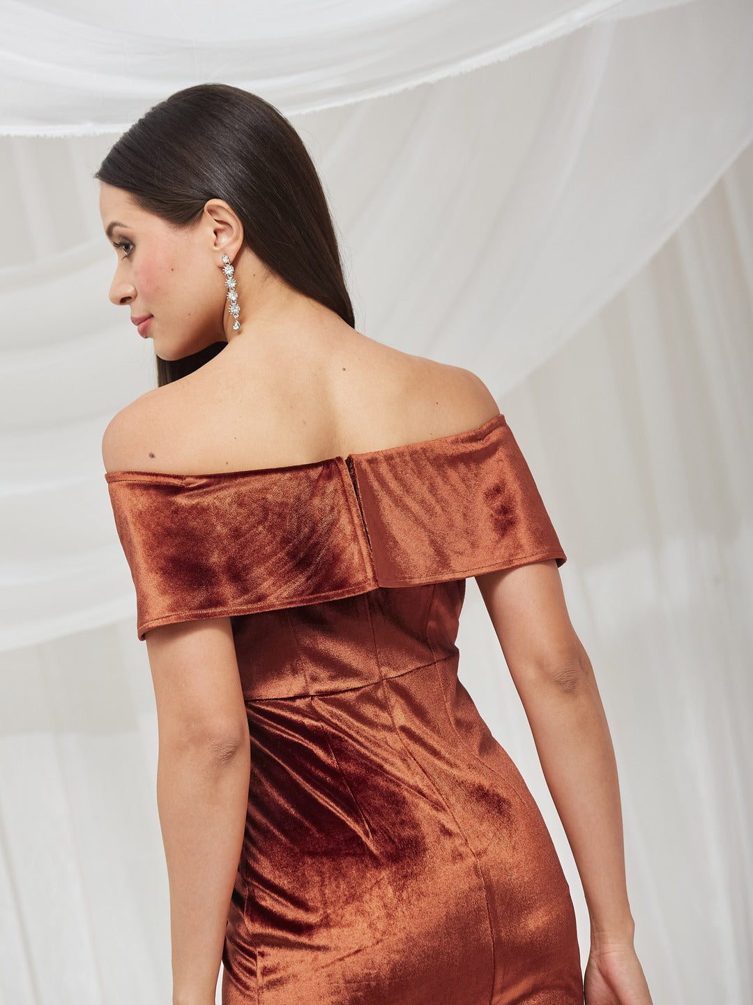Rust Velvet Off-Shoulder Draped Knee-Length Dress with Tulip Hem for Women