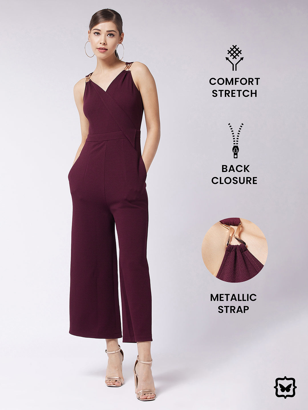 Crease Ease Women's Wine V-Neck Sleeveless Solid Wrap Regular Jumpsuit