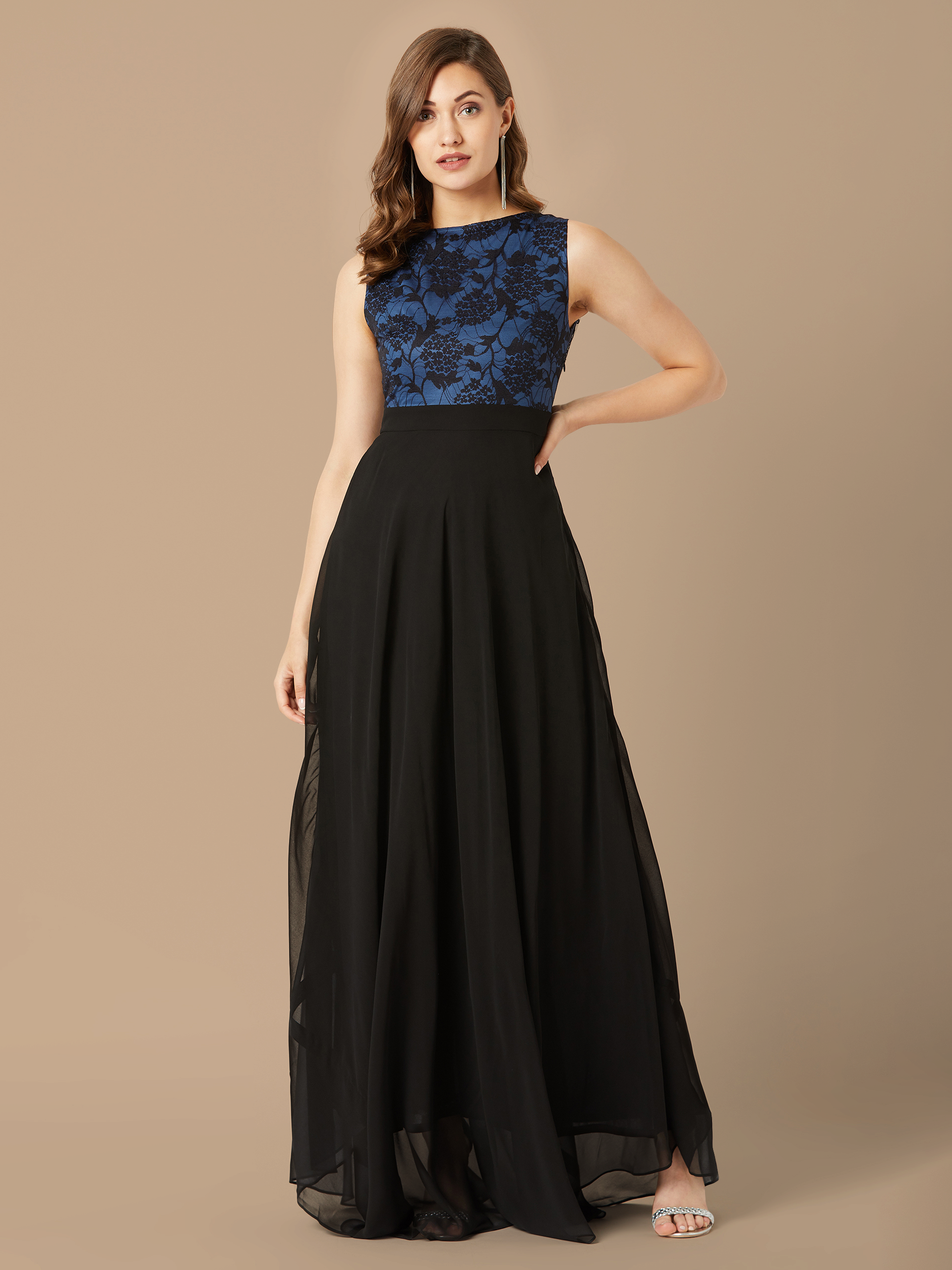 Women's Blue & Black Round Neck Sleeveless Georgette Floral Lace Fit & Flare Maxi Dress