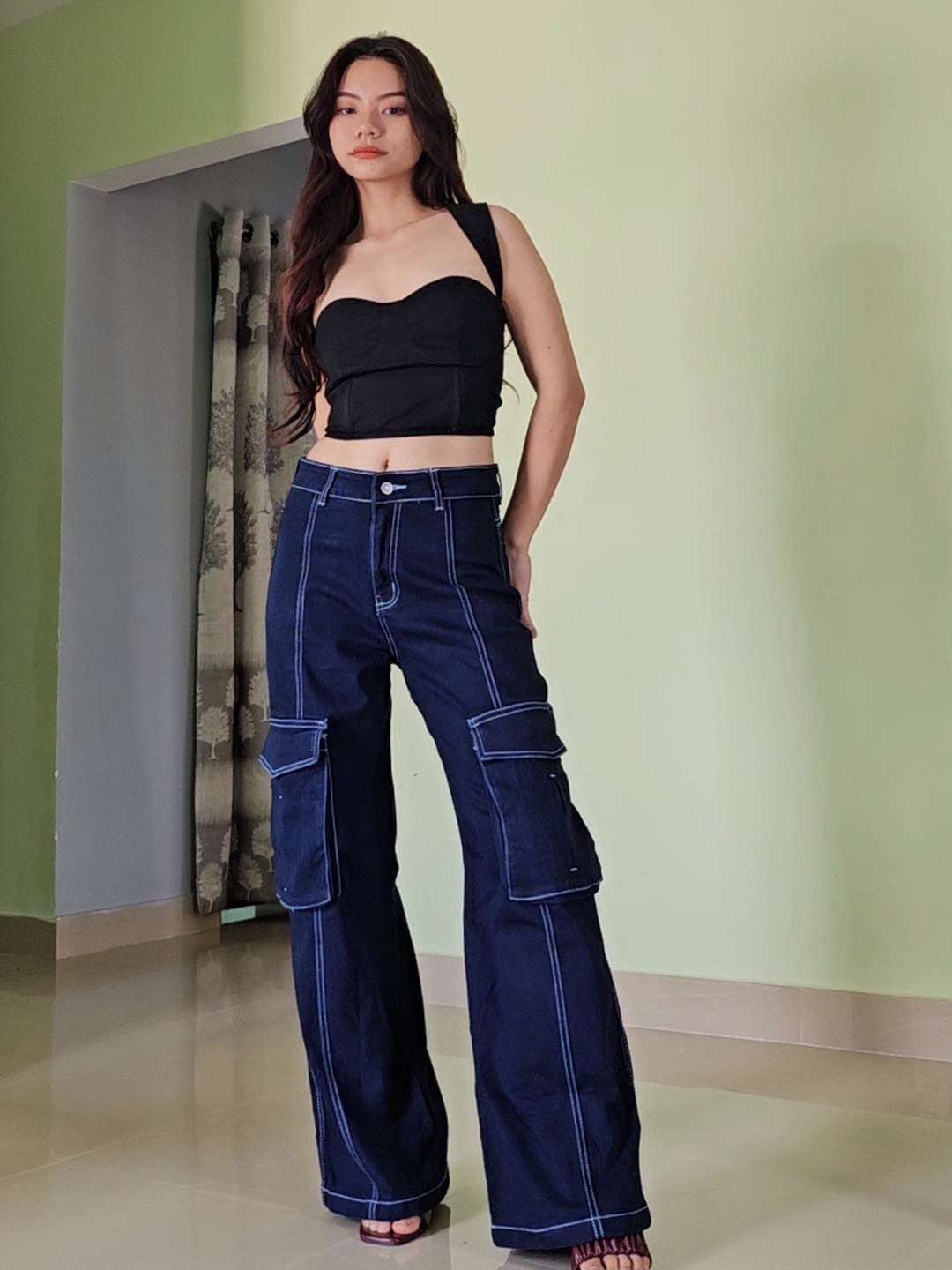 24/7 Comfort Women's Navy Blue Wide leg Cargo High rise Regular Stretchable Baggy fit Denim Jeans