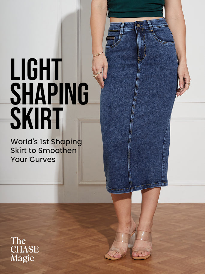 CHASEshape™ Light-Shaping Bodycon High-Rise Dark Blue Denim Skirt