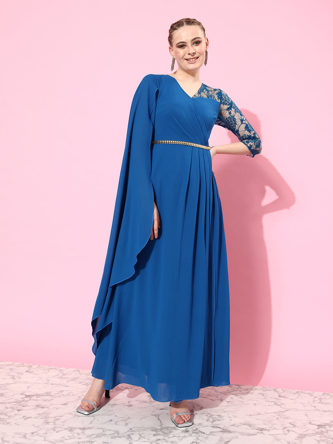 Women's Royal Blue V-Neck Asymmetric Embellished Maxi Georgette Dress