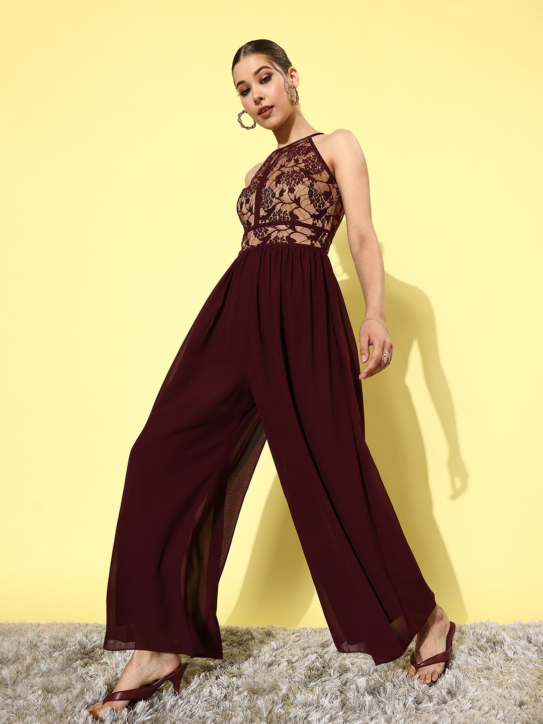 Women's Wine & Beige Halter neck Sleeveless Self Design Lace Overlaid Regular Jumpsuit