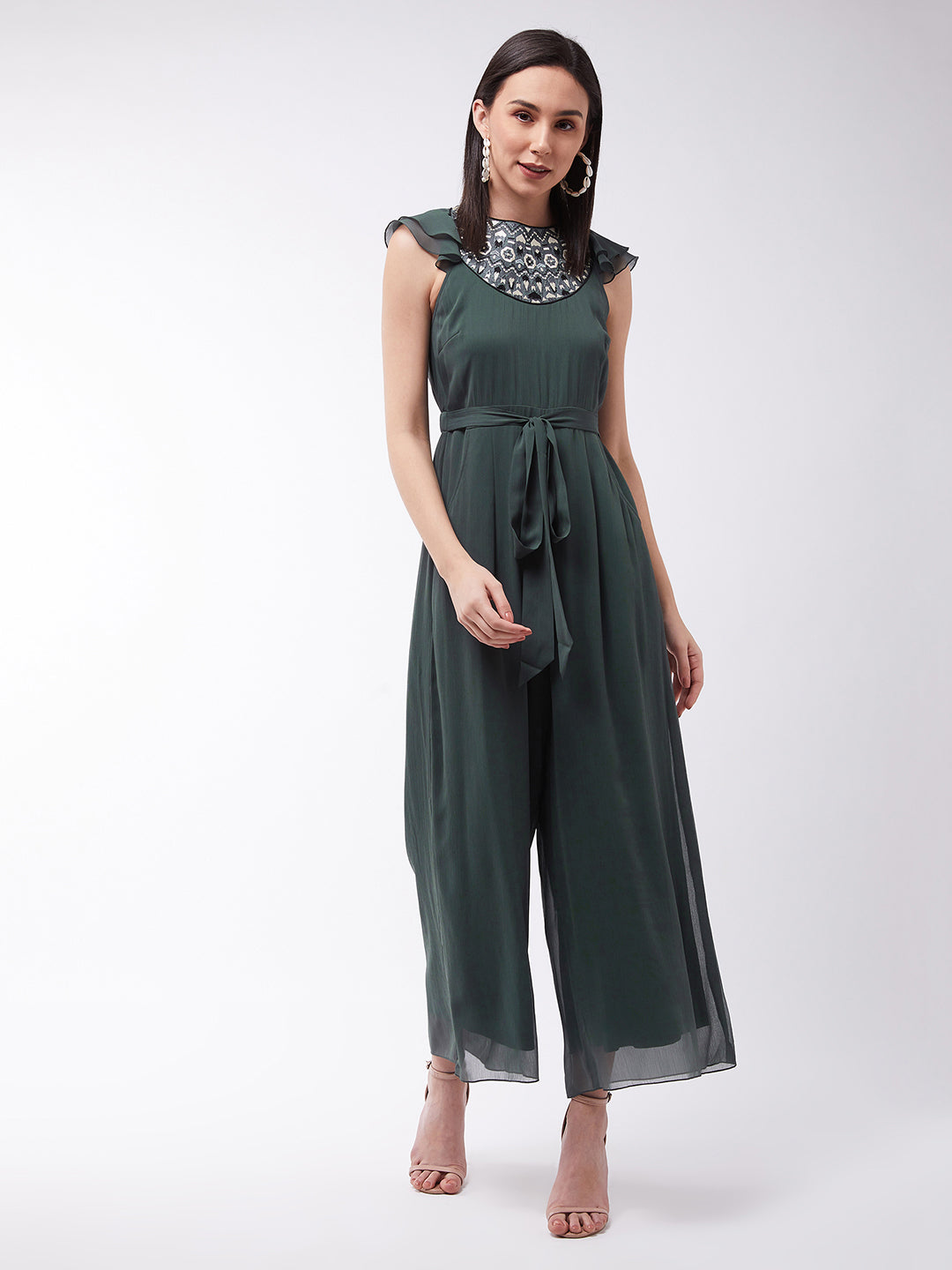 Women's Dark Green Round Neck Ruffled Sleeve Solid Embroidered Regular Jumpsuit