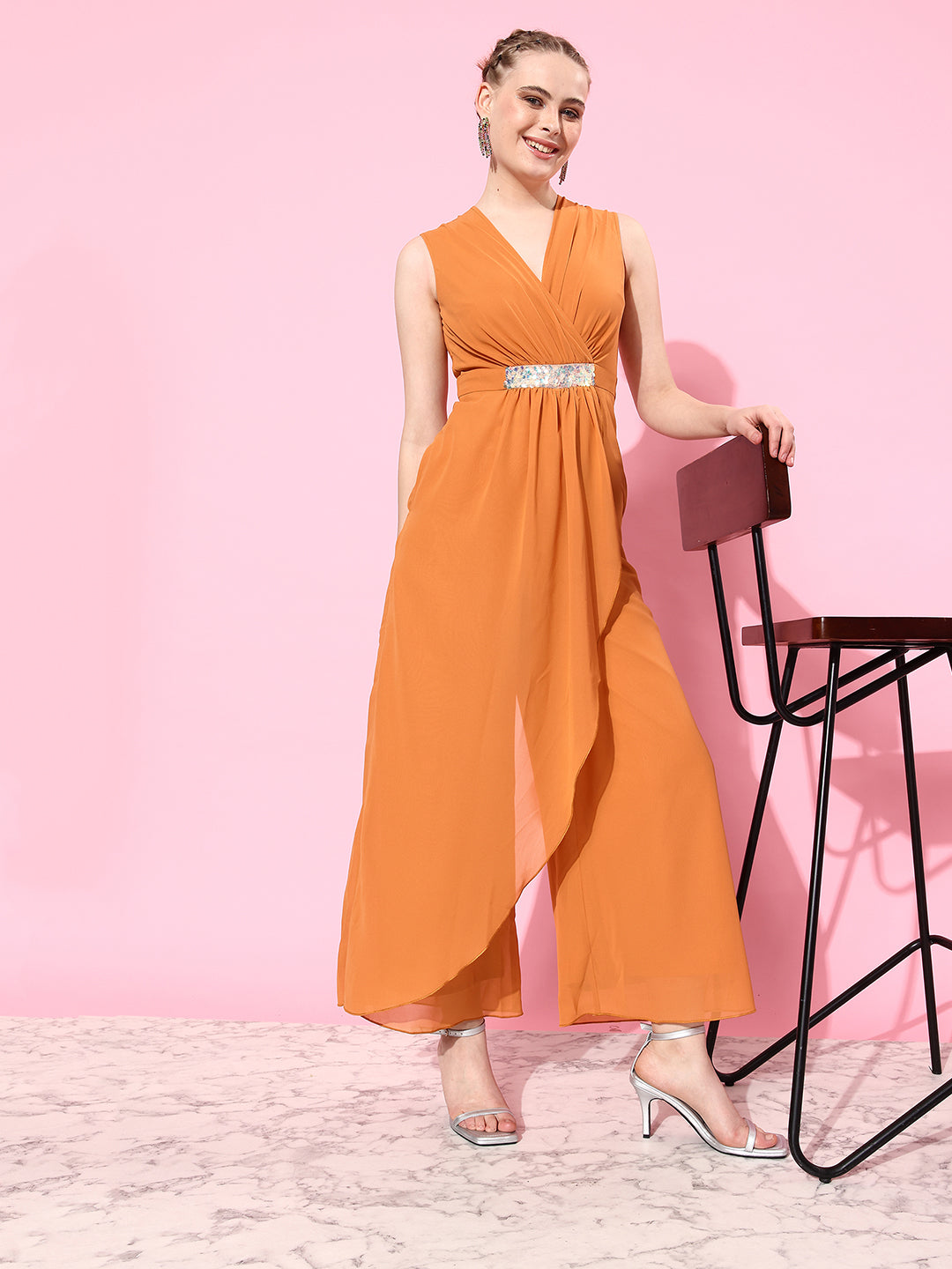 Women's Dusty Orange Colored V-Neck Sleeveless Embellished Wrap Regular-Length Jumpsuit