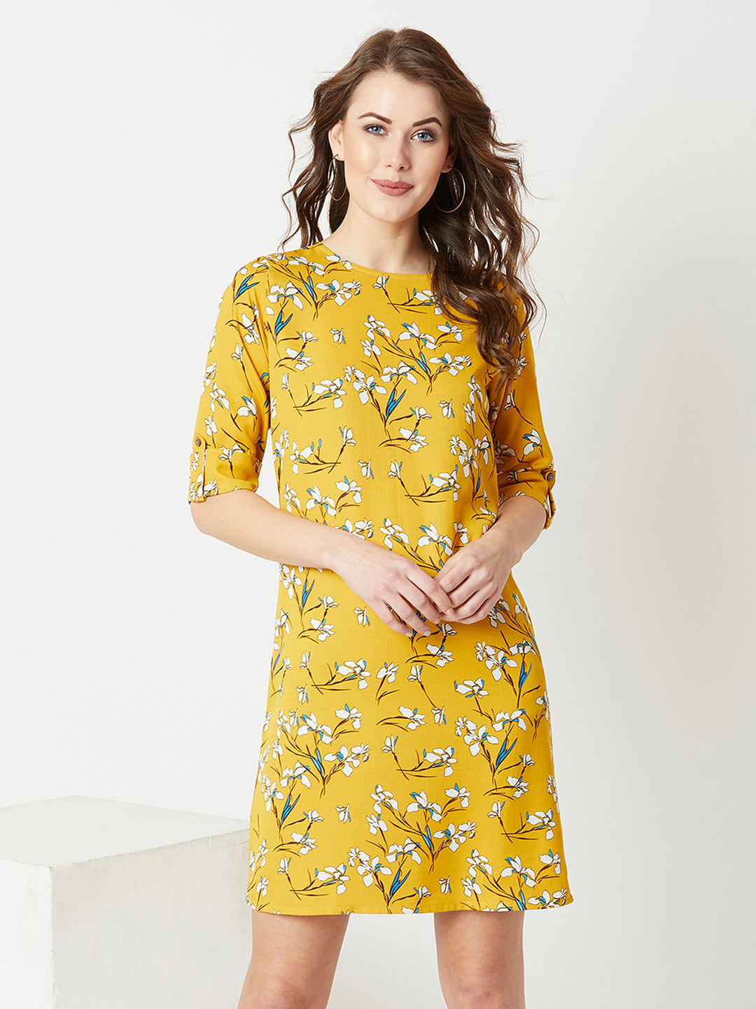 Women's Multicolored With A Yellow Base Round Neck 3/4 Sleeve Floral Knee-Long Shift Dress