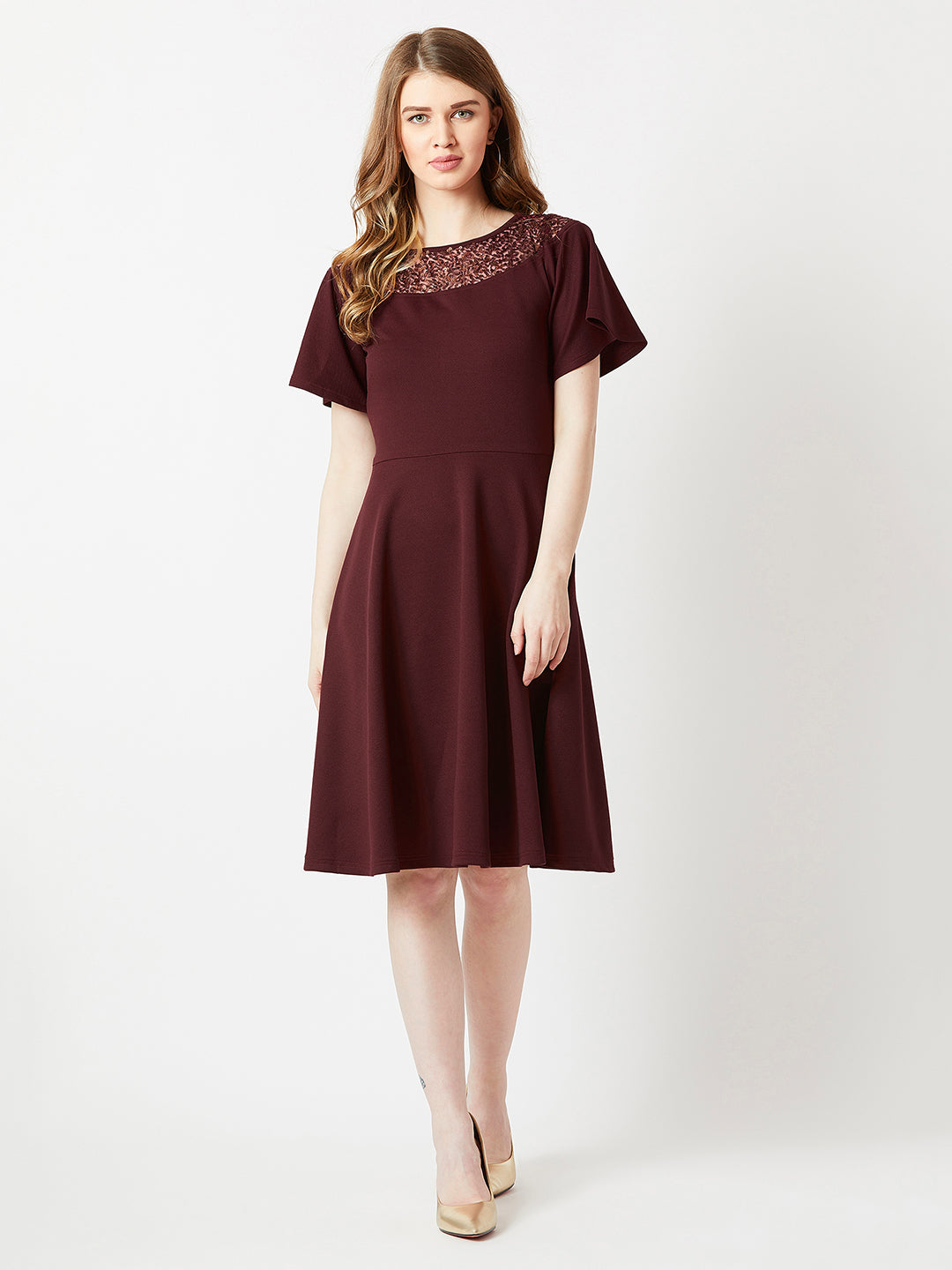 Crease Ease Women's Wine Red Round Neck Flared Short Sleeve Solid Skater Knee-Long Lace Dress