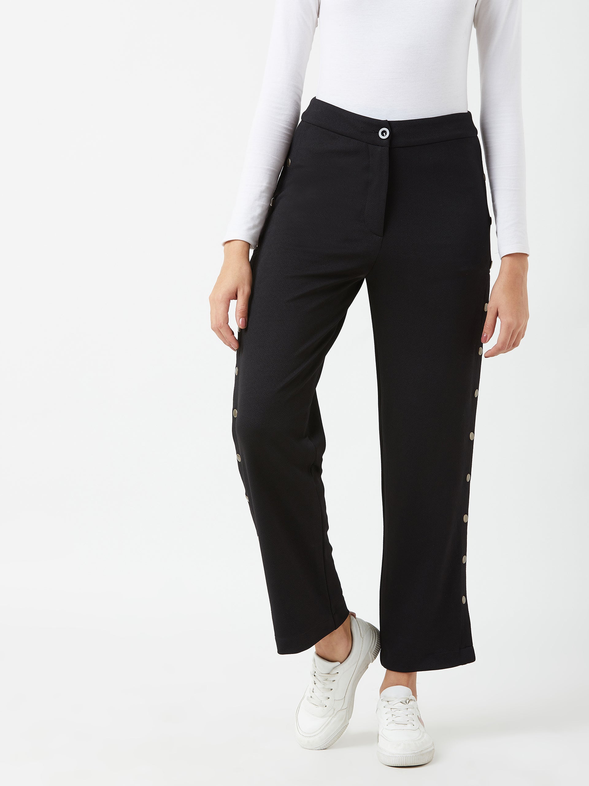 Crease Ease Women's Black Solid Regular Fit Flared Trouser