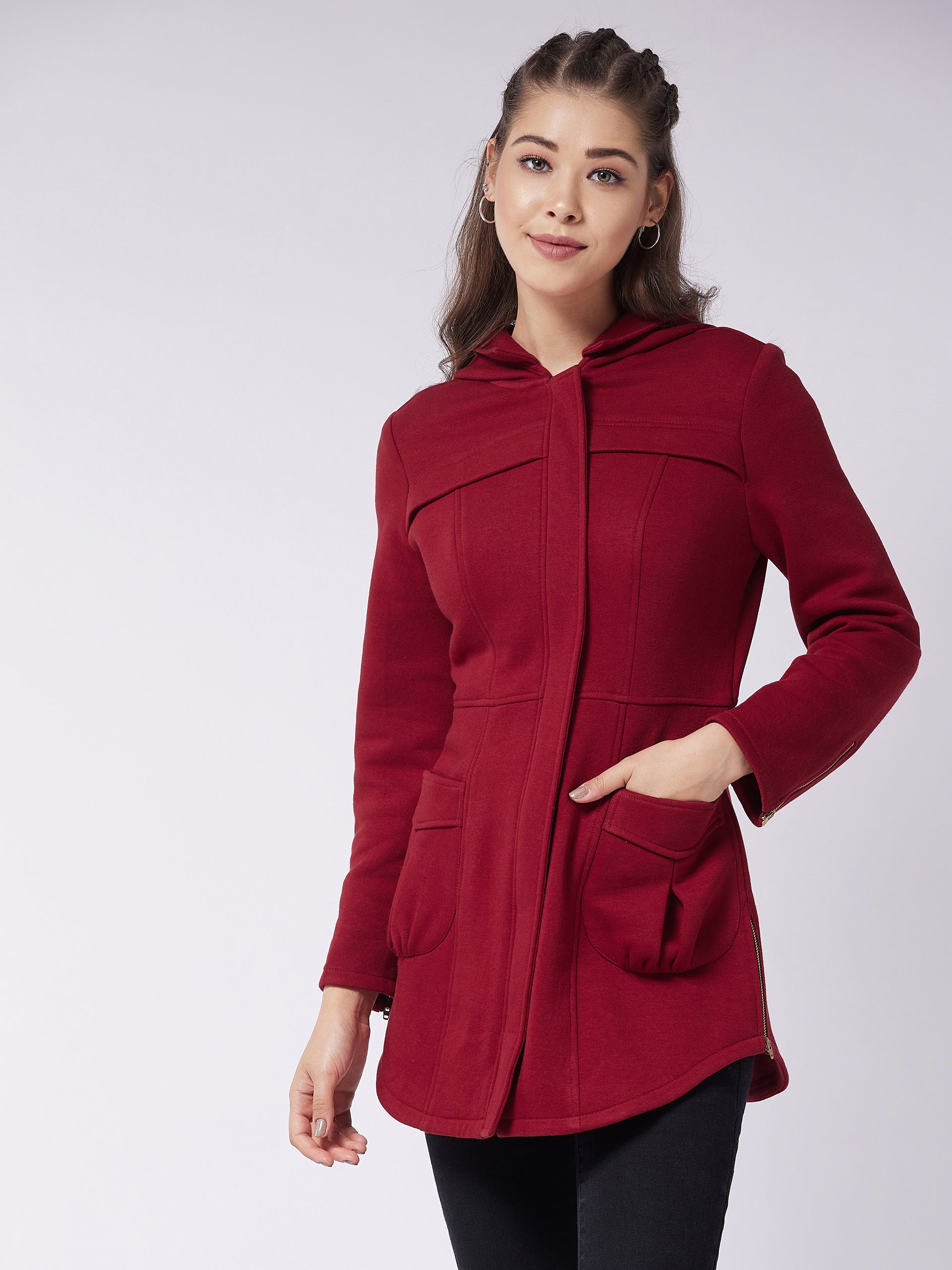 Women's Maroon Hooded Full Sleeve Solid Longline Jacket