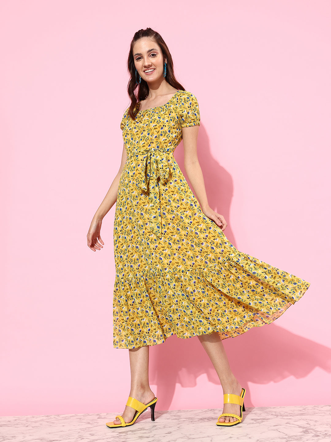 Women's Multicolored Base-Yellow Square Neck Short Puff Sleeve Floral Tiered Georgette Midi Dress