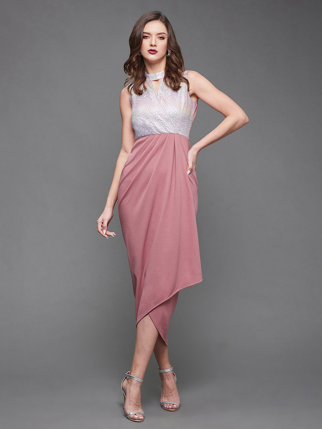 Crease Ease Women's Dusty Pink Halter-Neck Sleeveless Self Designed Draped Polyester Midi Dress