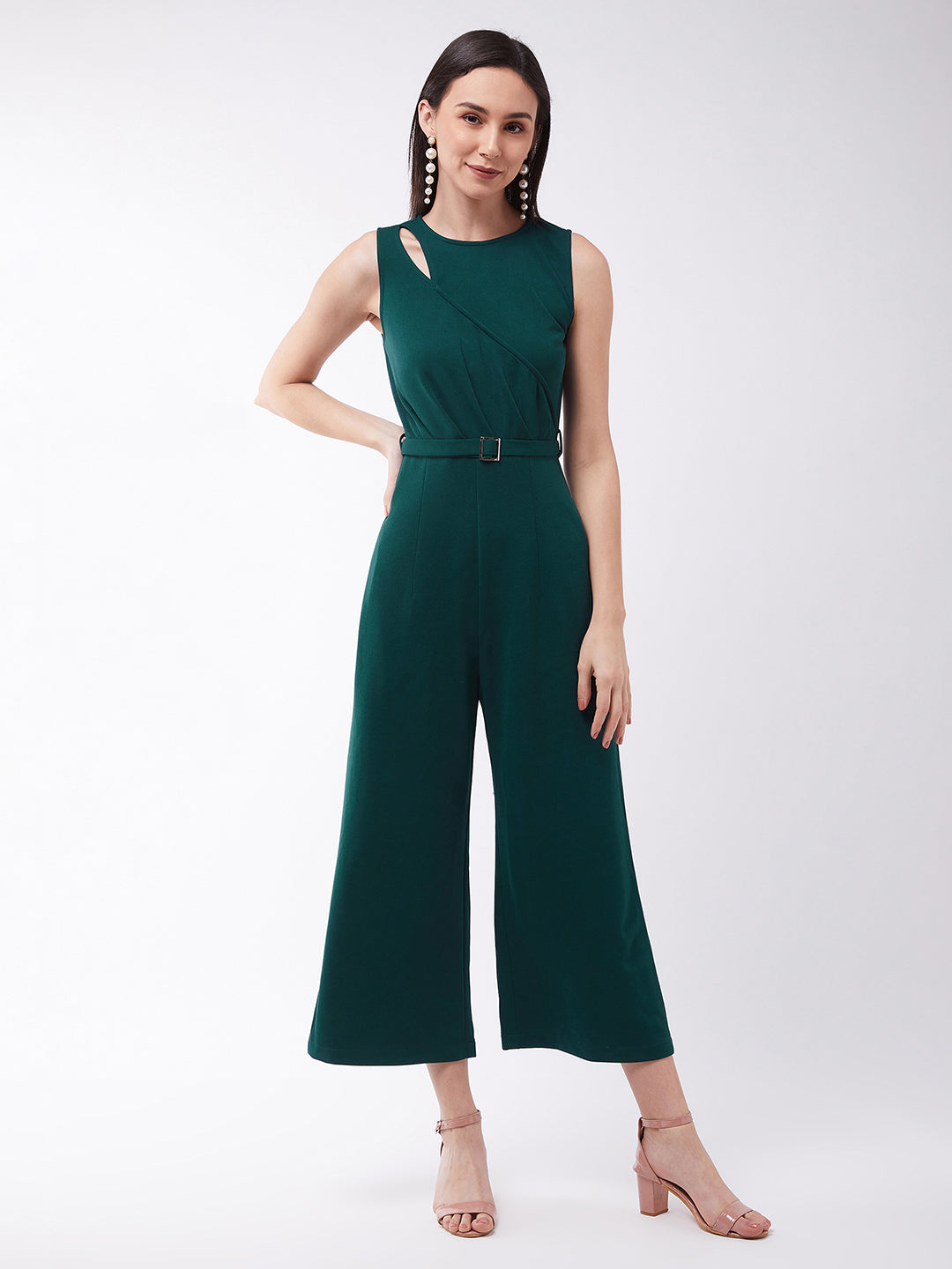 Crease Ease Women's Green Solid Polyester Regular Fit Round Neck Sleeveless Regular Length Jumpsuit