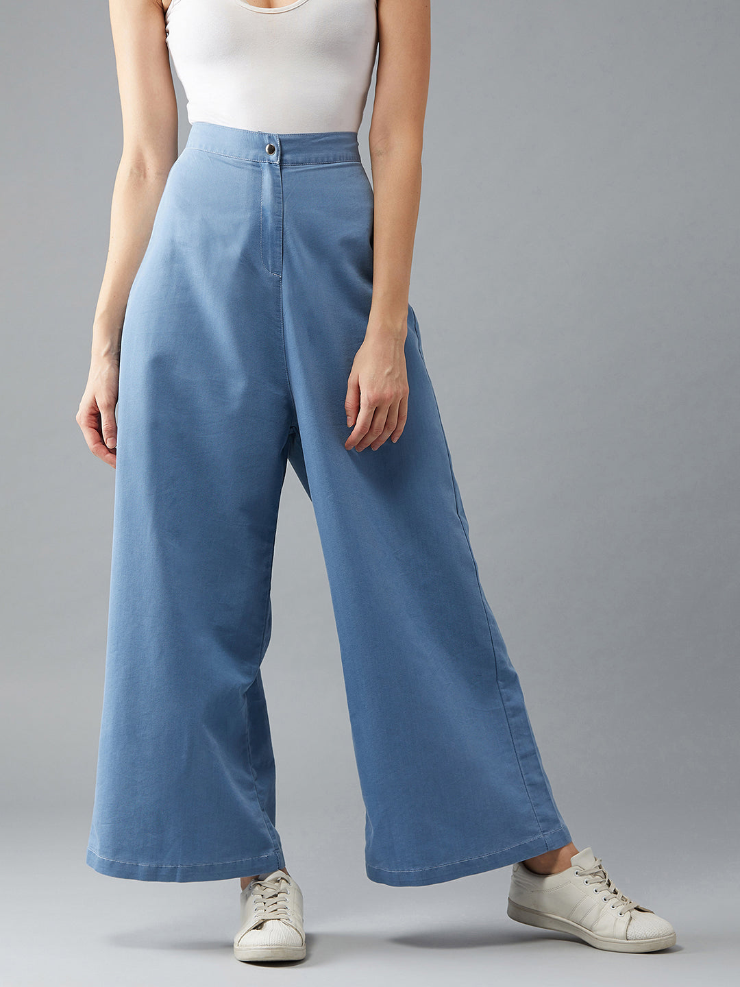 Women's Blue Flared Wide-Leg High Rise Light Weight Non Stretchable Denim Pants