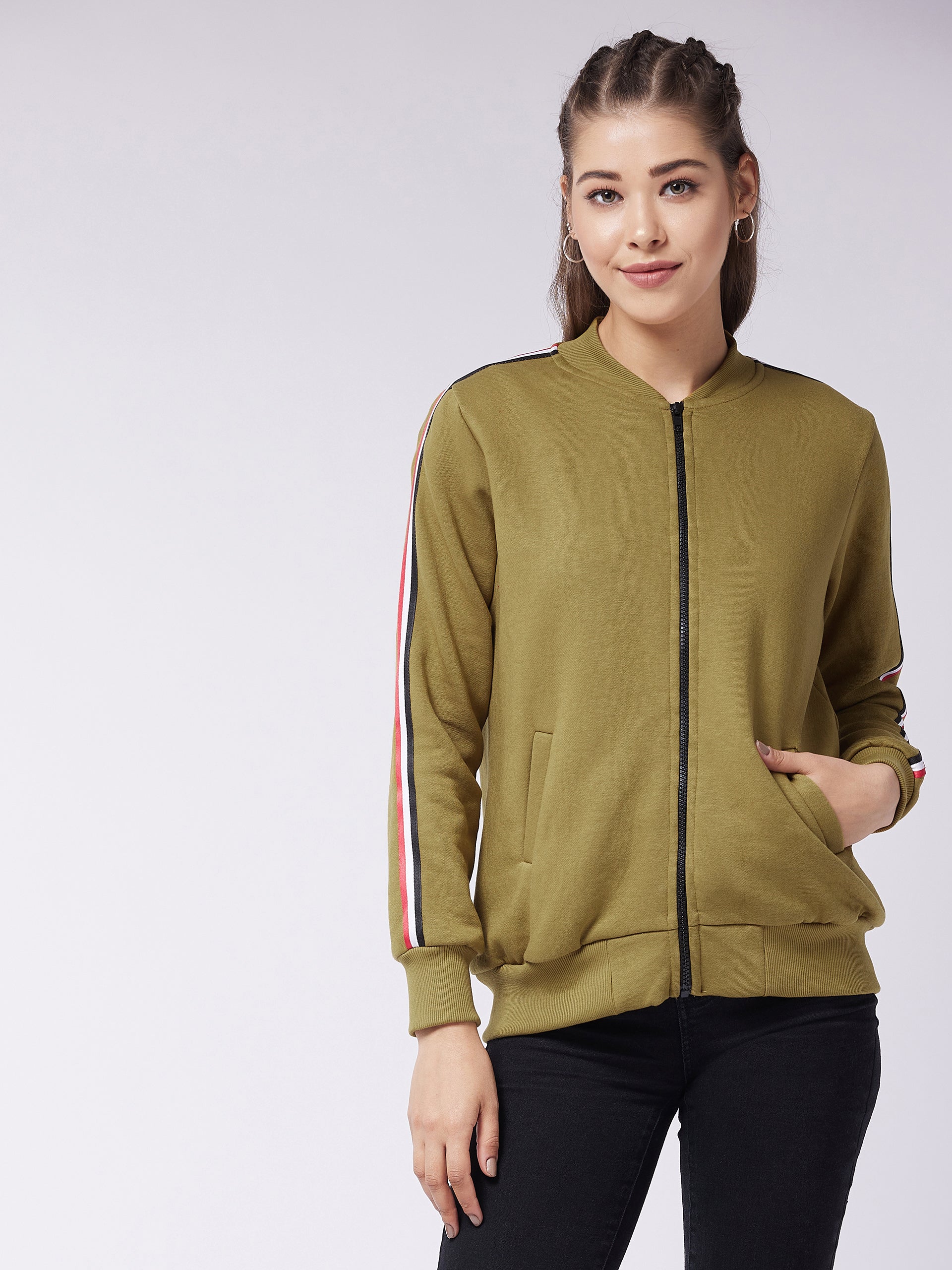 Women's Olive V-Neck Full Sleeve Solid Bomber Regular Jacket