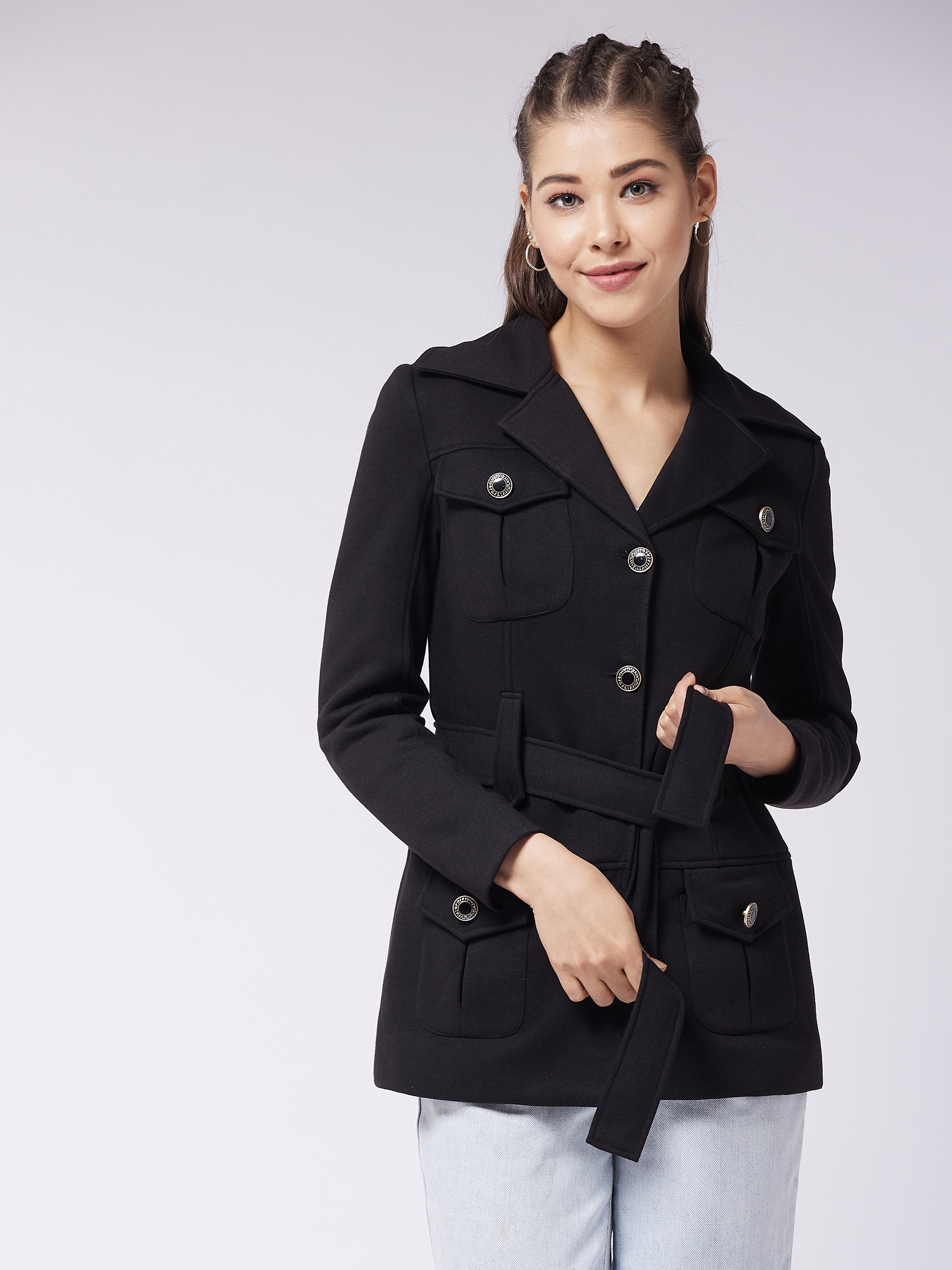 Women's Black Notch Collar Full Sleeve Solid Safari Longline Jacket