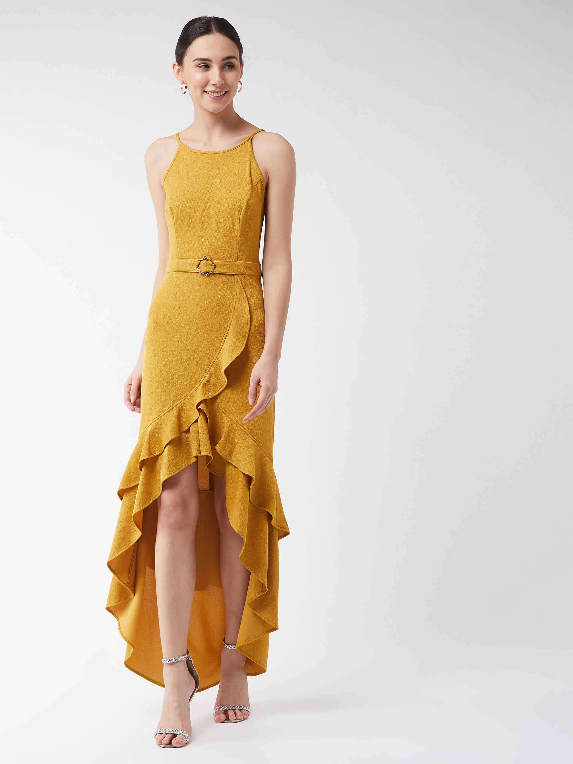 Crease Ease Women's Mustard Halter Neck Sleeveless Solid Ruffled Maxi Dress