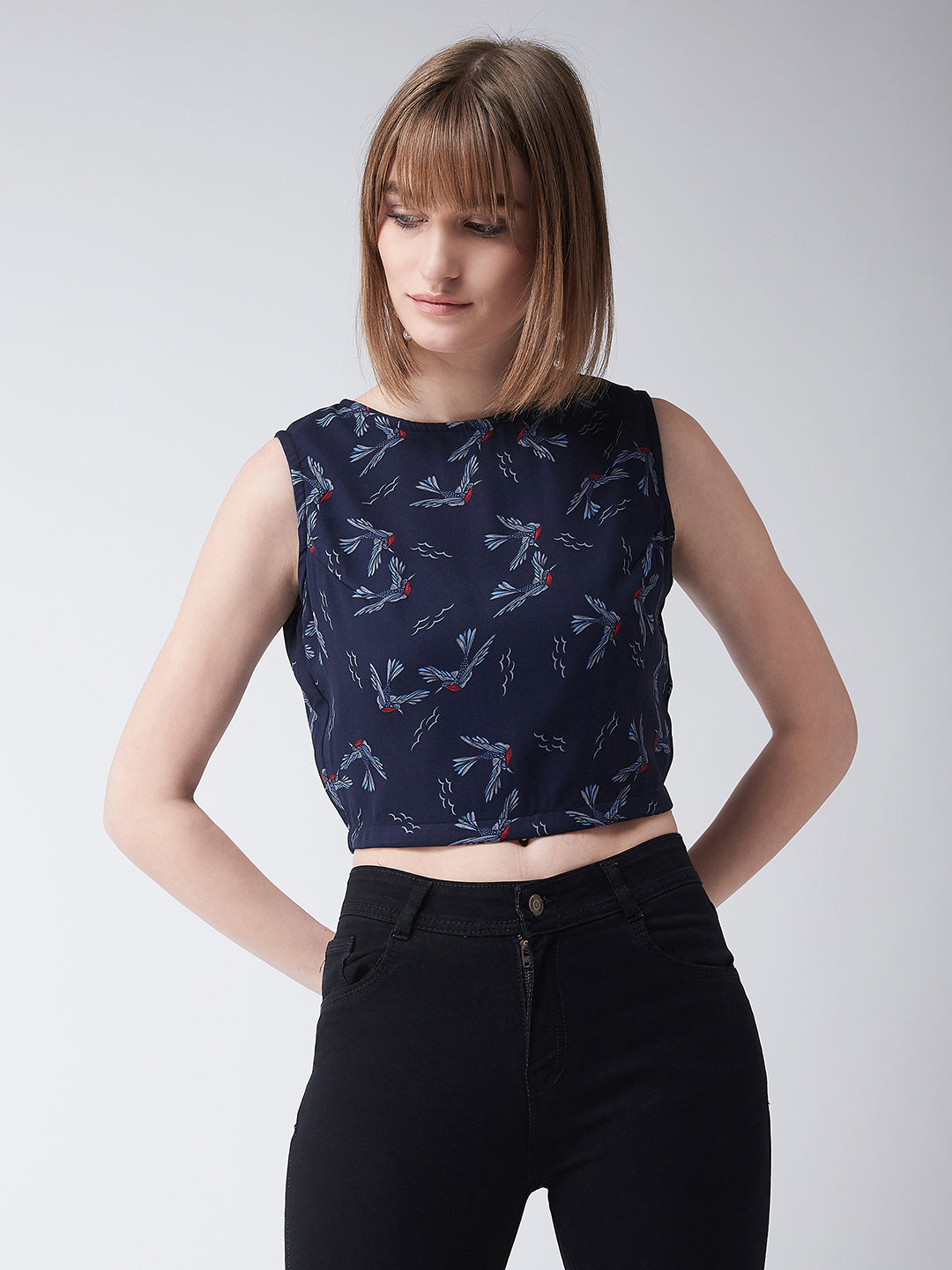 Women's Multicolored Round Neck Sleeveless Printed Crop Top