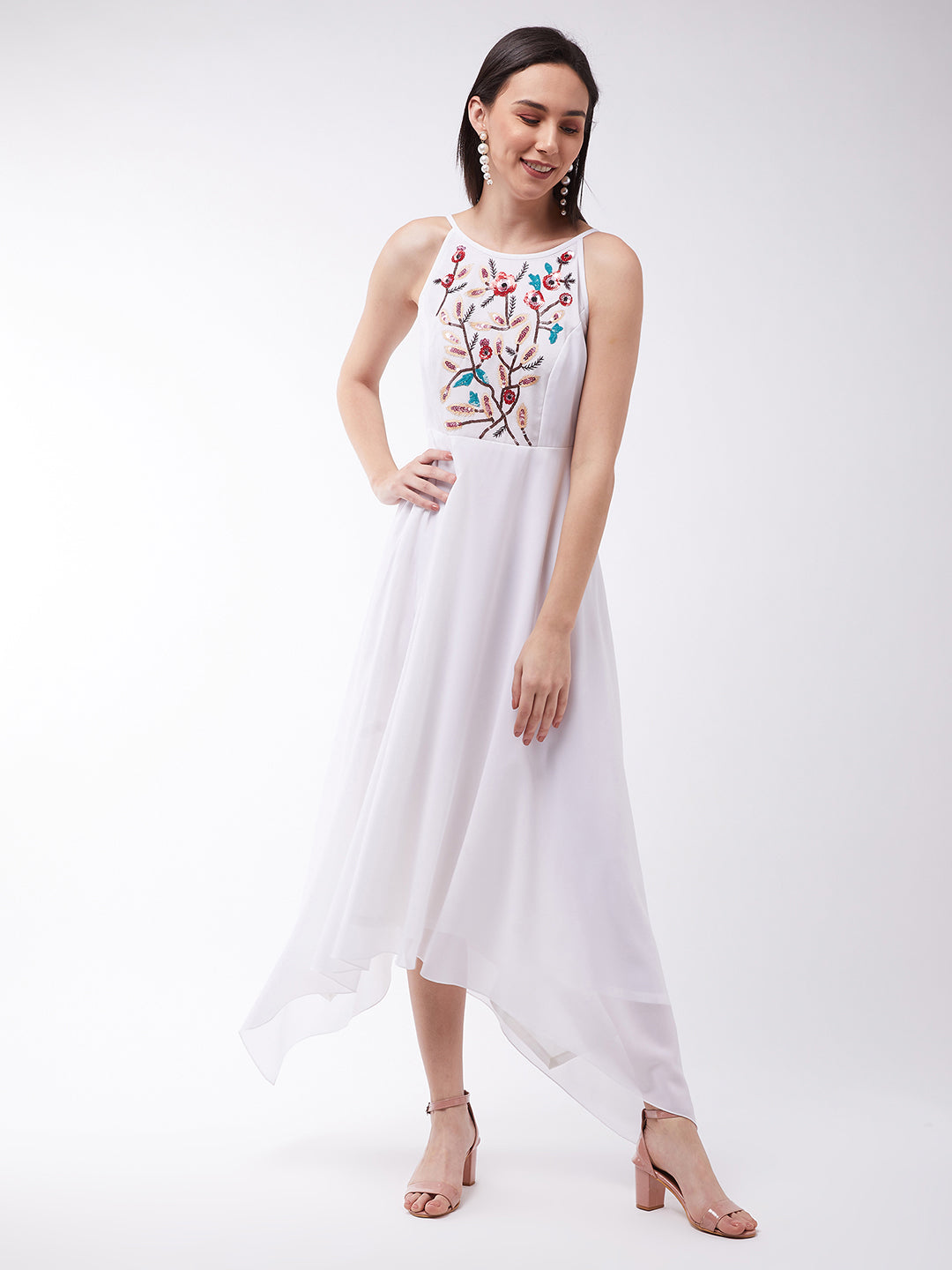 Women's Off White Halter Neck Sleeveless Solid Embellished Maxi Dress