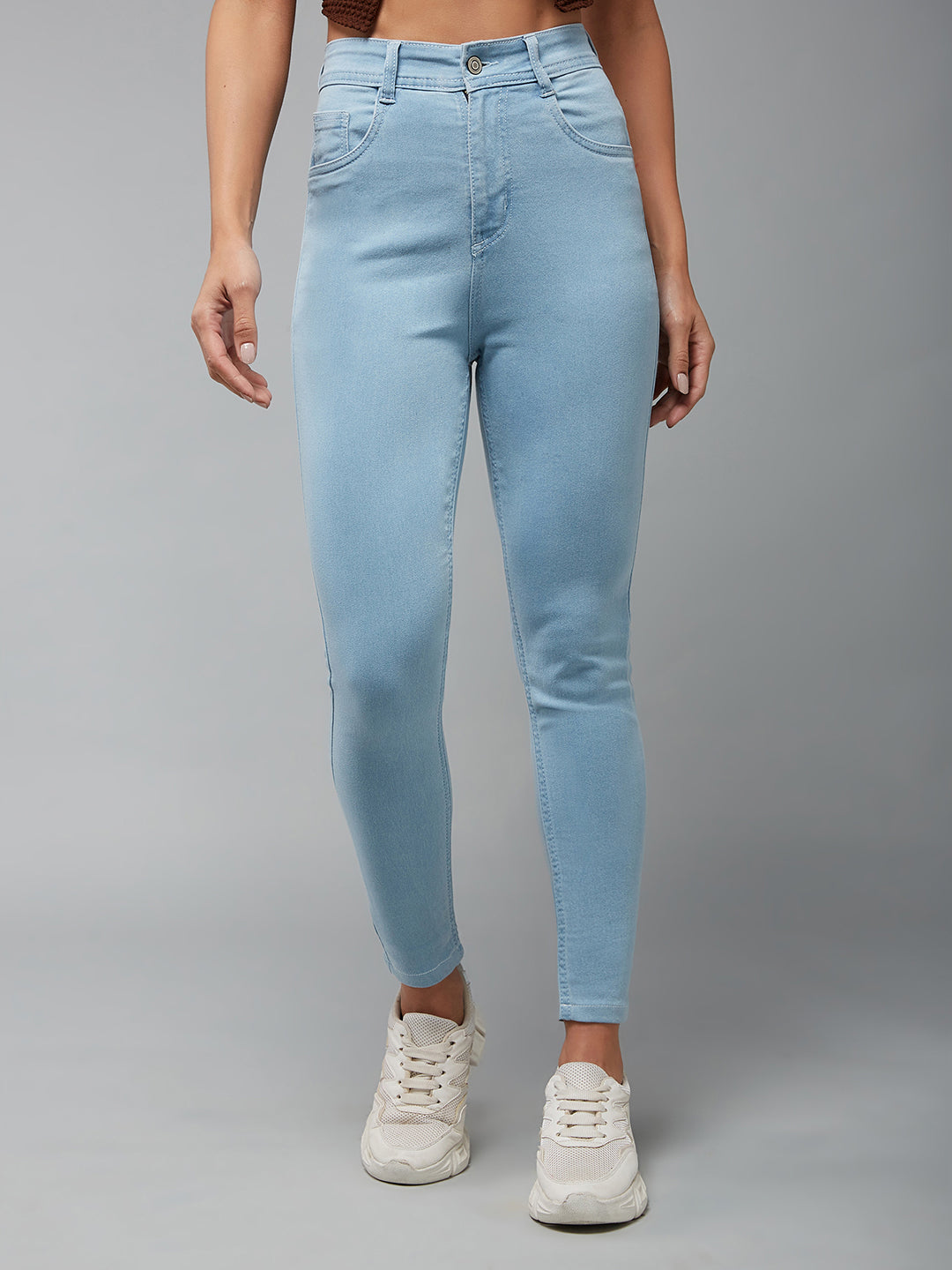 Women's Light Blue Skinny High-Rise Distressed Cropped Denim Jeans