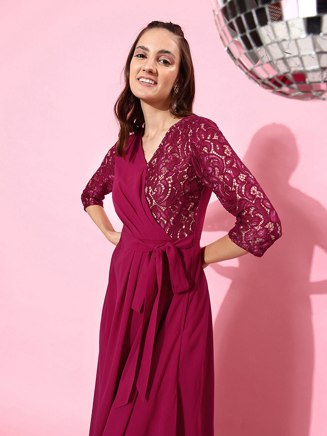 Women's Dark Pink Colored V-Neck Three-Quarter Sleeve Self-Designed Wrap Maxi Georgette Dress