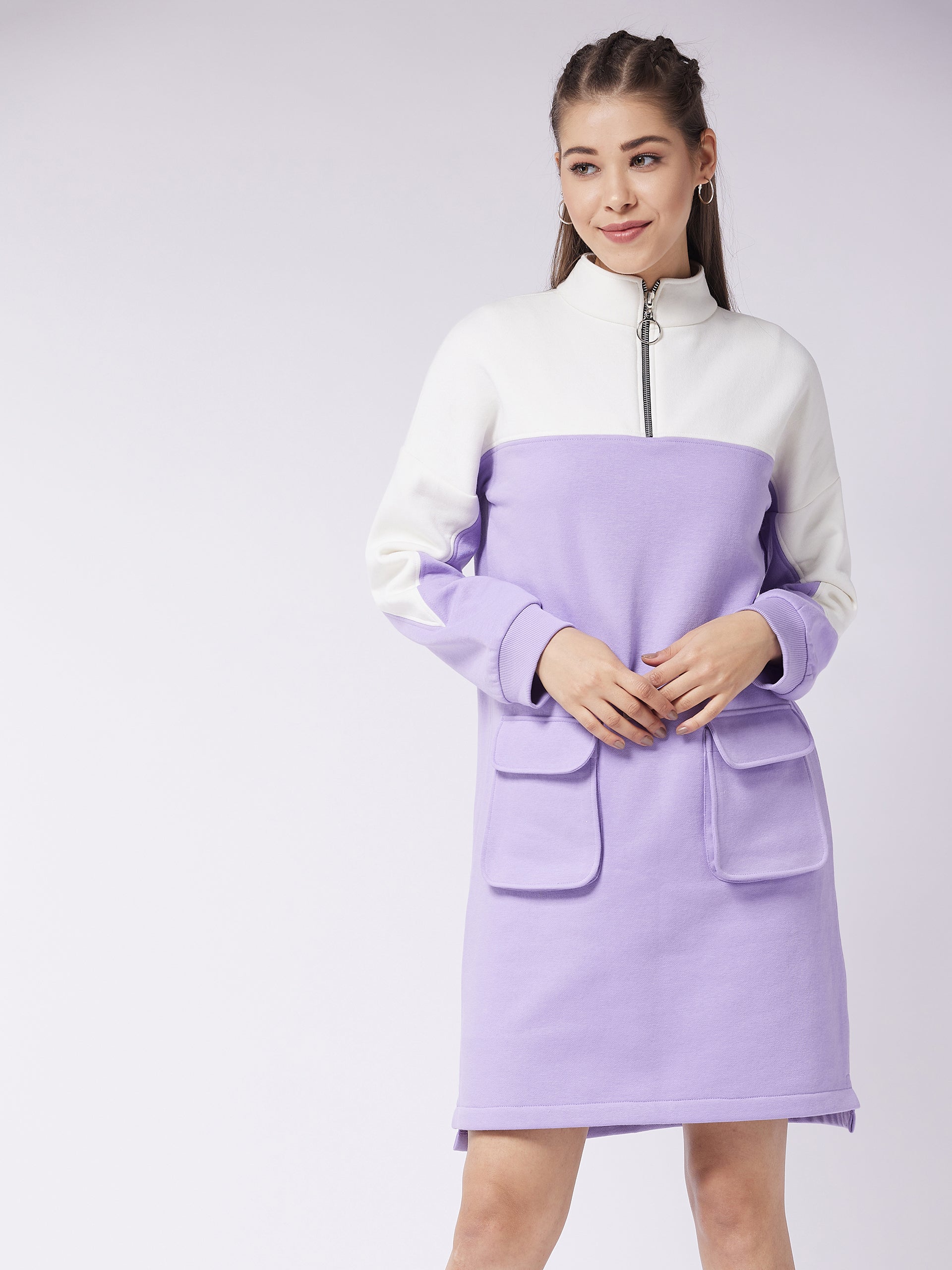 Women's Lavender & Off-White Mock Neck Full Sleeve Solid Color Blocked Knee Length Dress