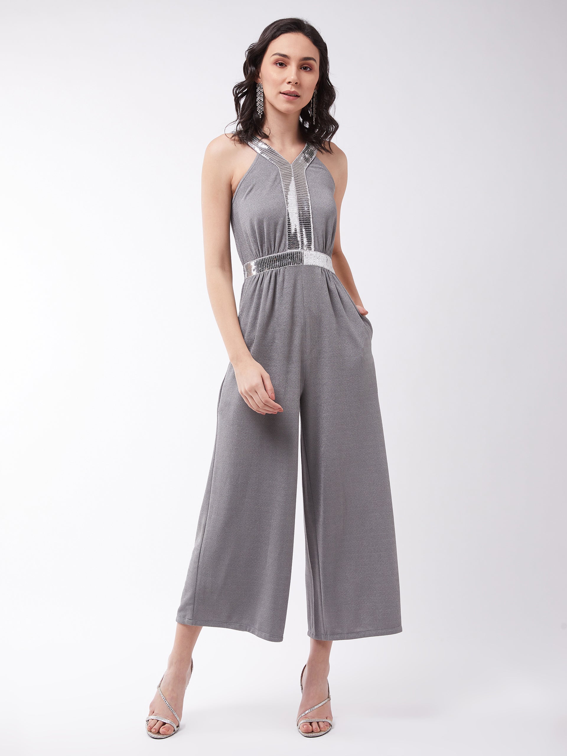 Crease Ease Women's Gray Solid Relaxed Fit V-Neck Sleeveless Elasticated Jumpsuit