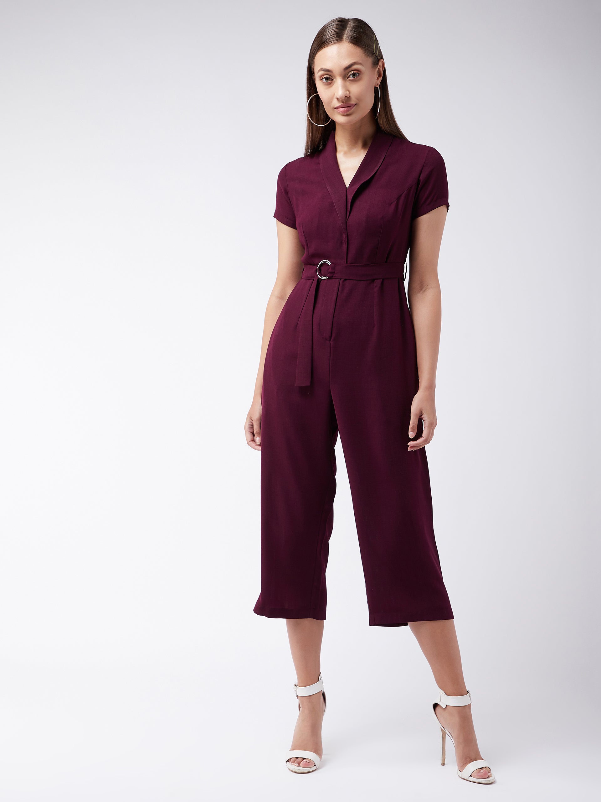 Women's Purple Shawl Collar Half Sleeve Solid Straight Leg Regular Jumpsuit