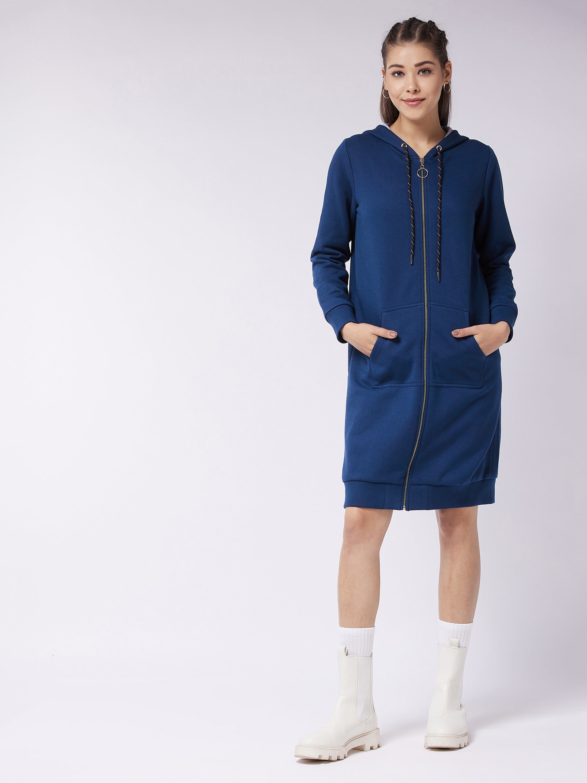 Women's Navy Blue Hooded Full Sleeve Solid Knee Length Dress