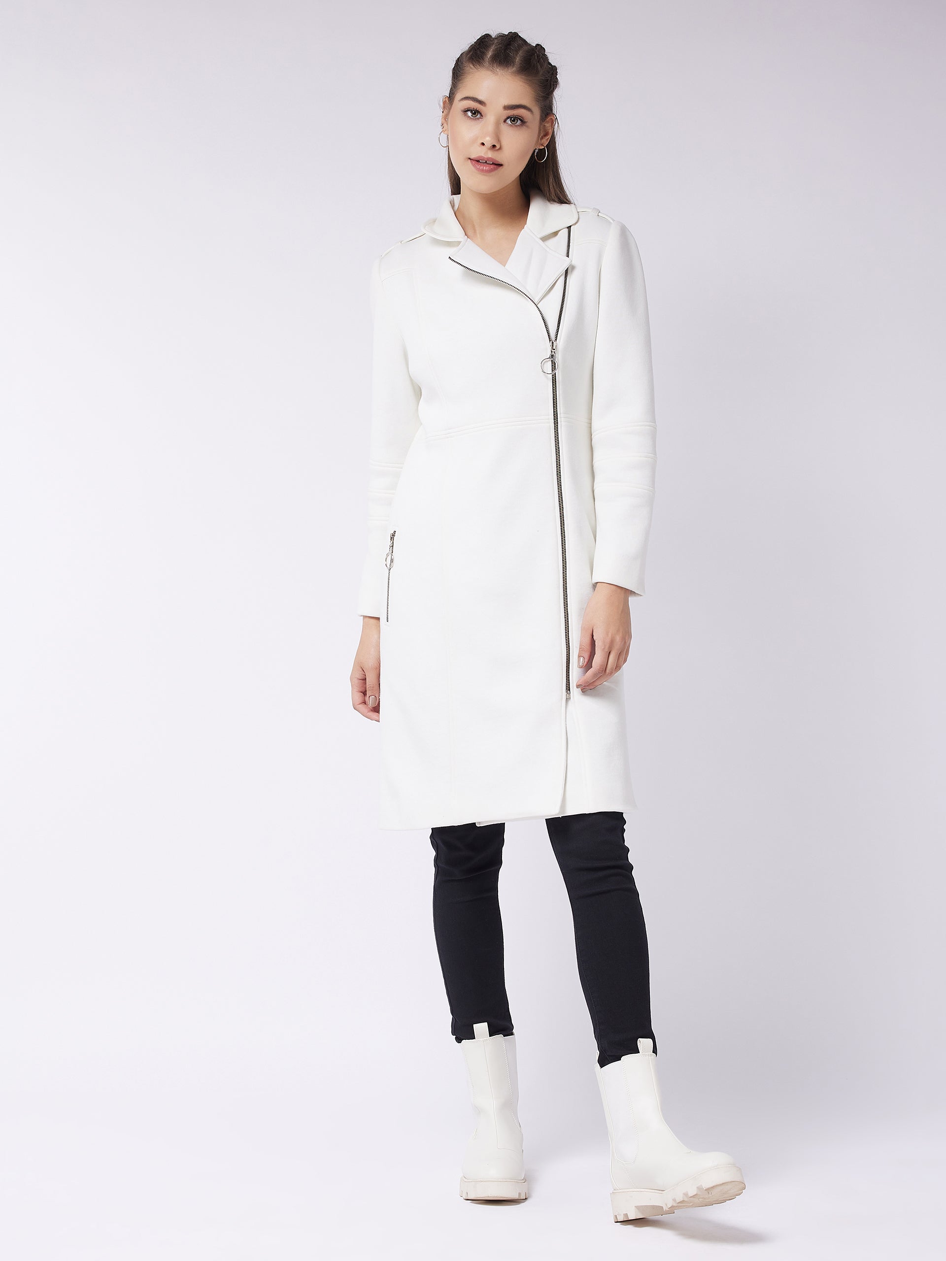 Women's Off-White Notch Collar Multi Panelled Full Sleeve Solid Double Breasted Knee Length Jacket