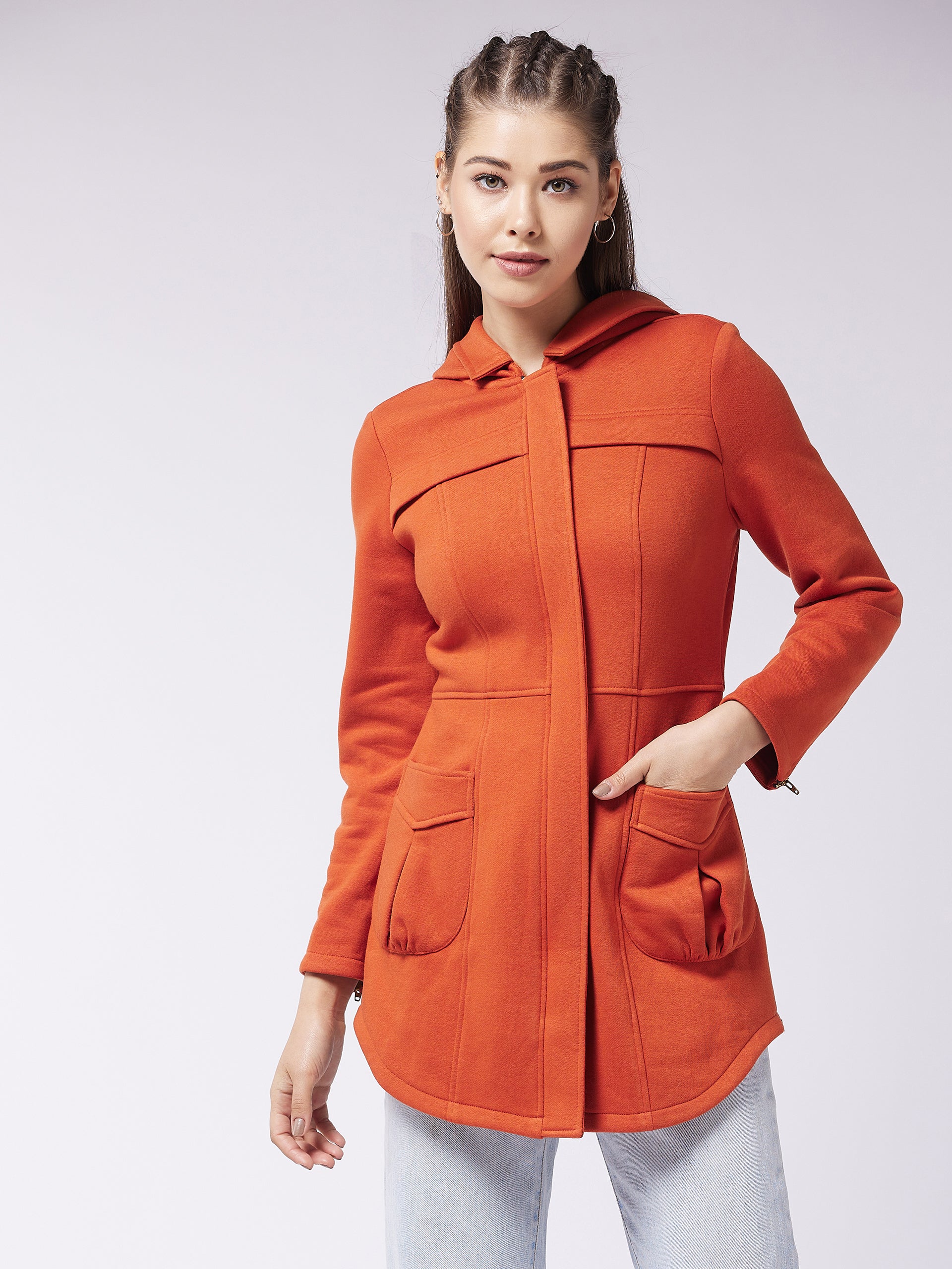 Women's Rust Hooded Full Sleeve Solid Longline Jacket