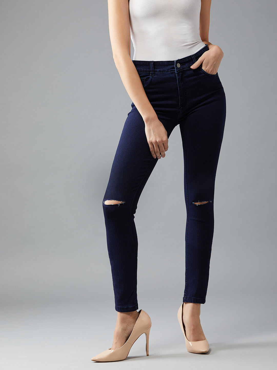 Women's Navy Blue Skinny Fit High Rise Regular Length Clean Look Knee Slit Denim Stretchable Jeans