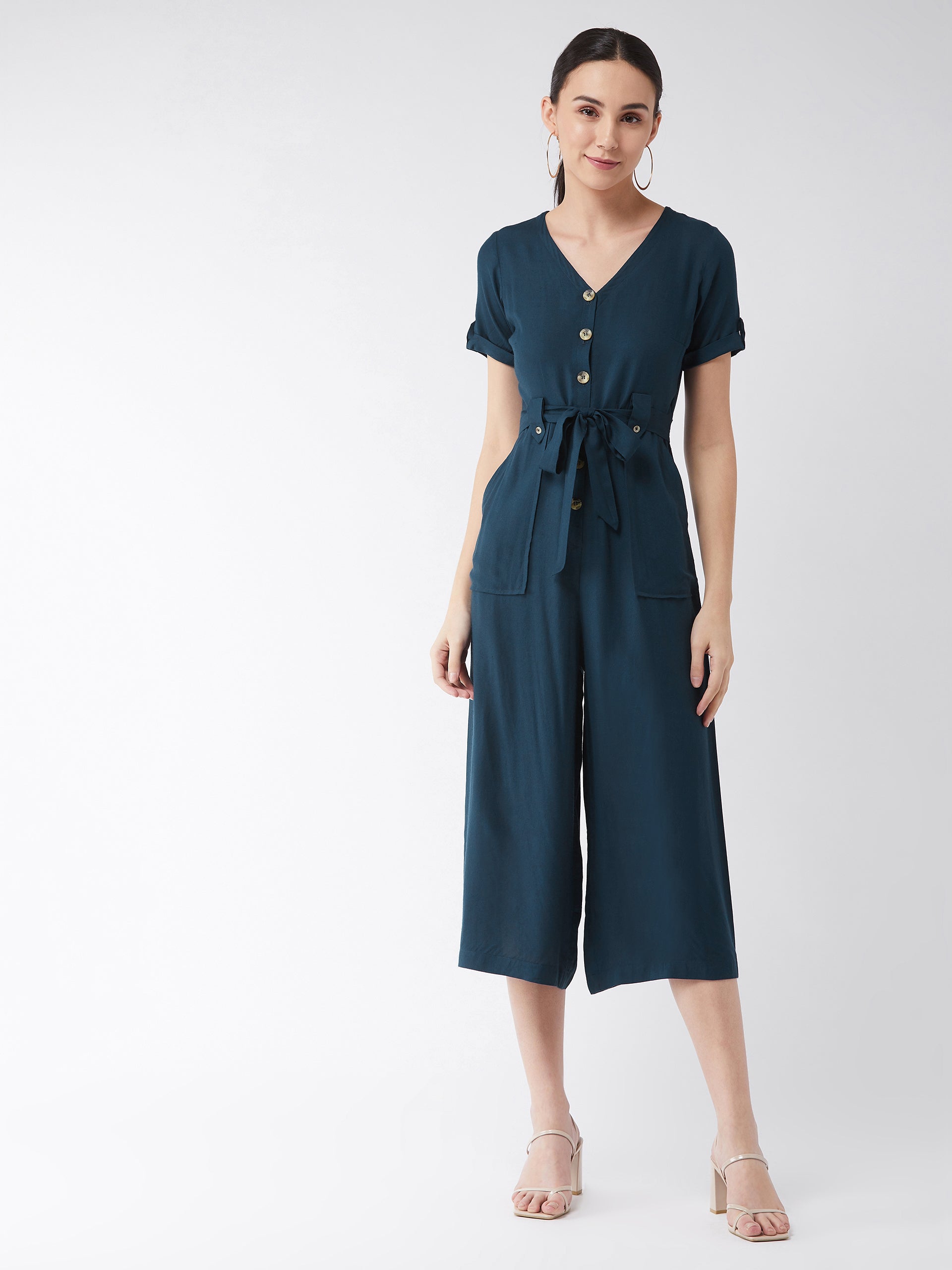 Women's Blue Solid Rayon Regular Fit V Neck Half Sleeve Crop Length Jumpsuit