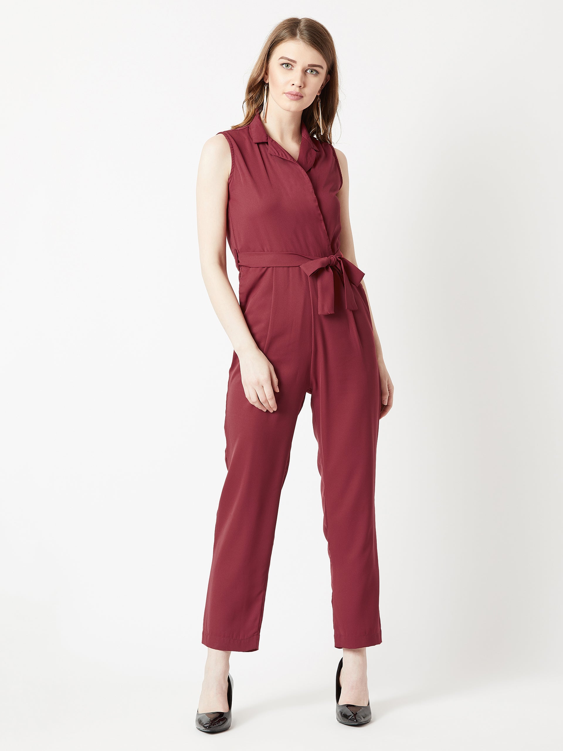 Women's Maroon V-Neck Sleeveless Straight Leg Tie-Up Solid Belted Wrap Jumpsuit