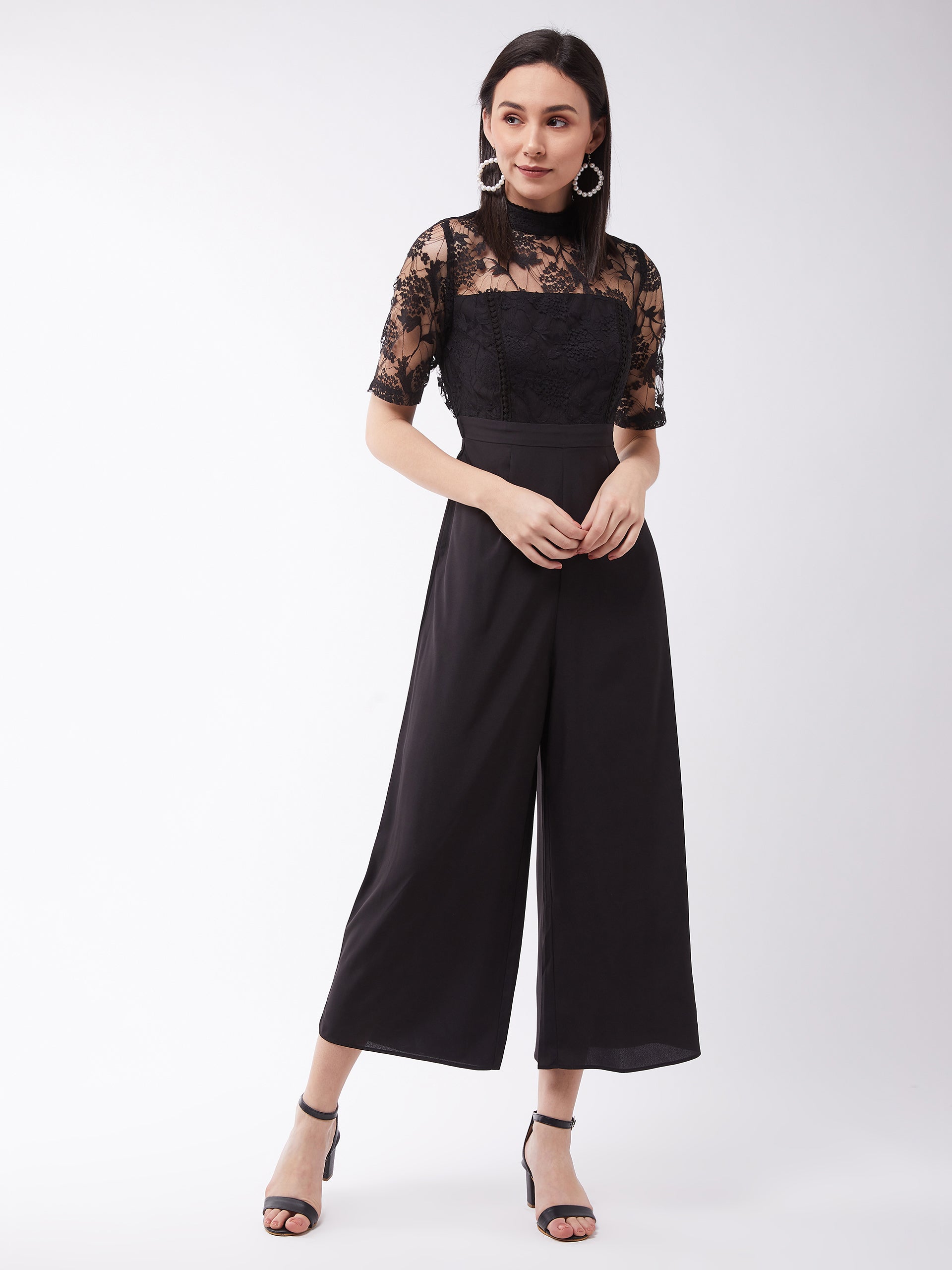 Women's Black Floral Printed Crepe Regular Fit Polo Neck Short Sleeve Regular Length Jumpsuit