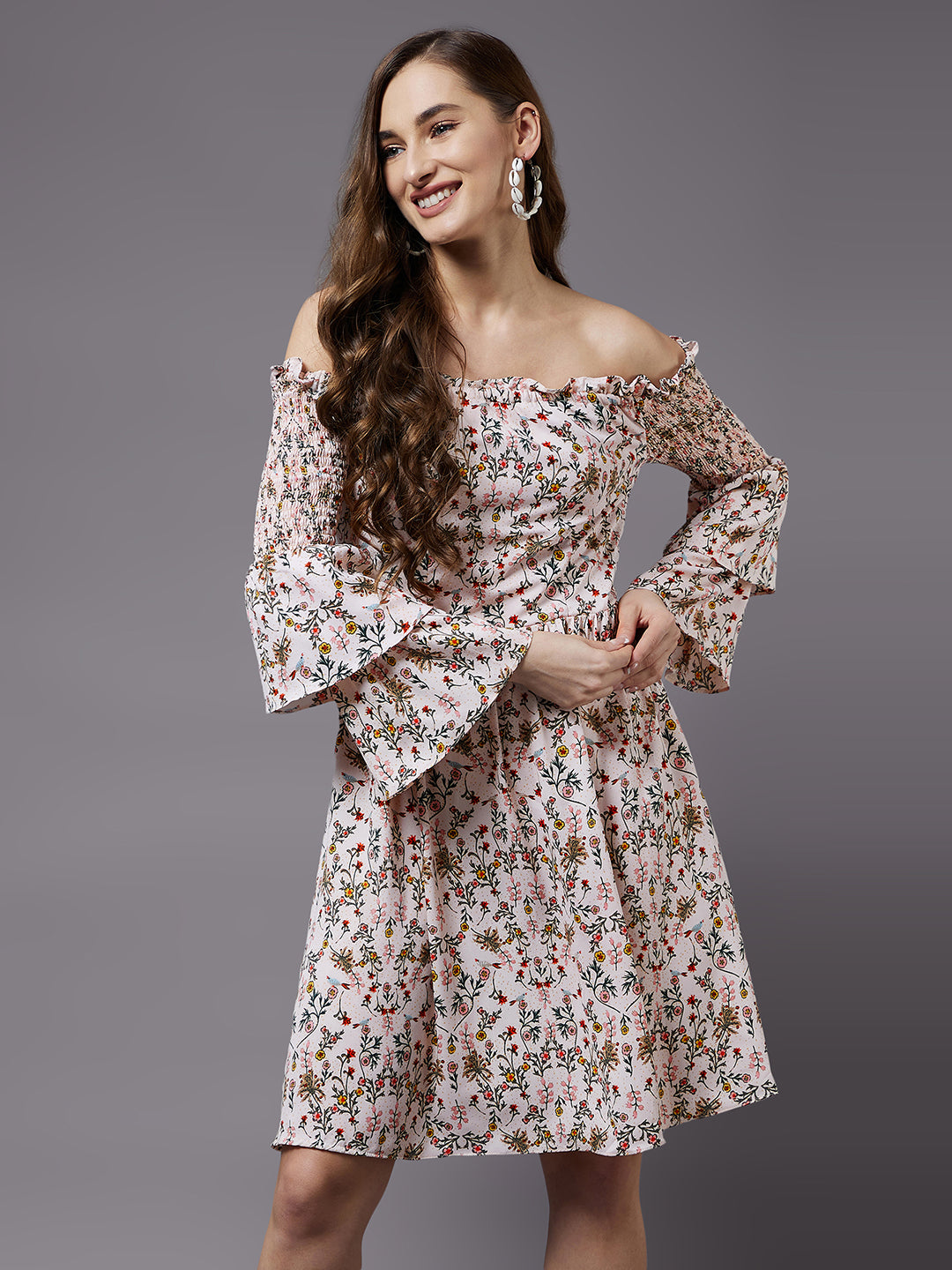 Women's Multicolored-Base-Peach Off-Shoulder 3/4 Sleeve Floral Bardot MiniDress