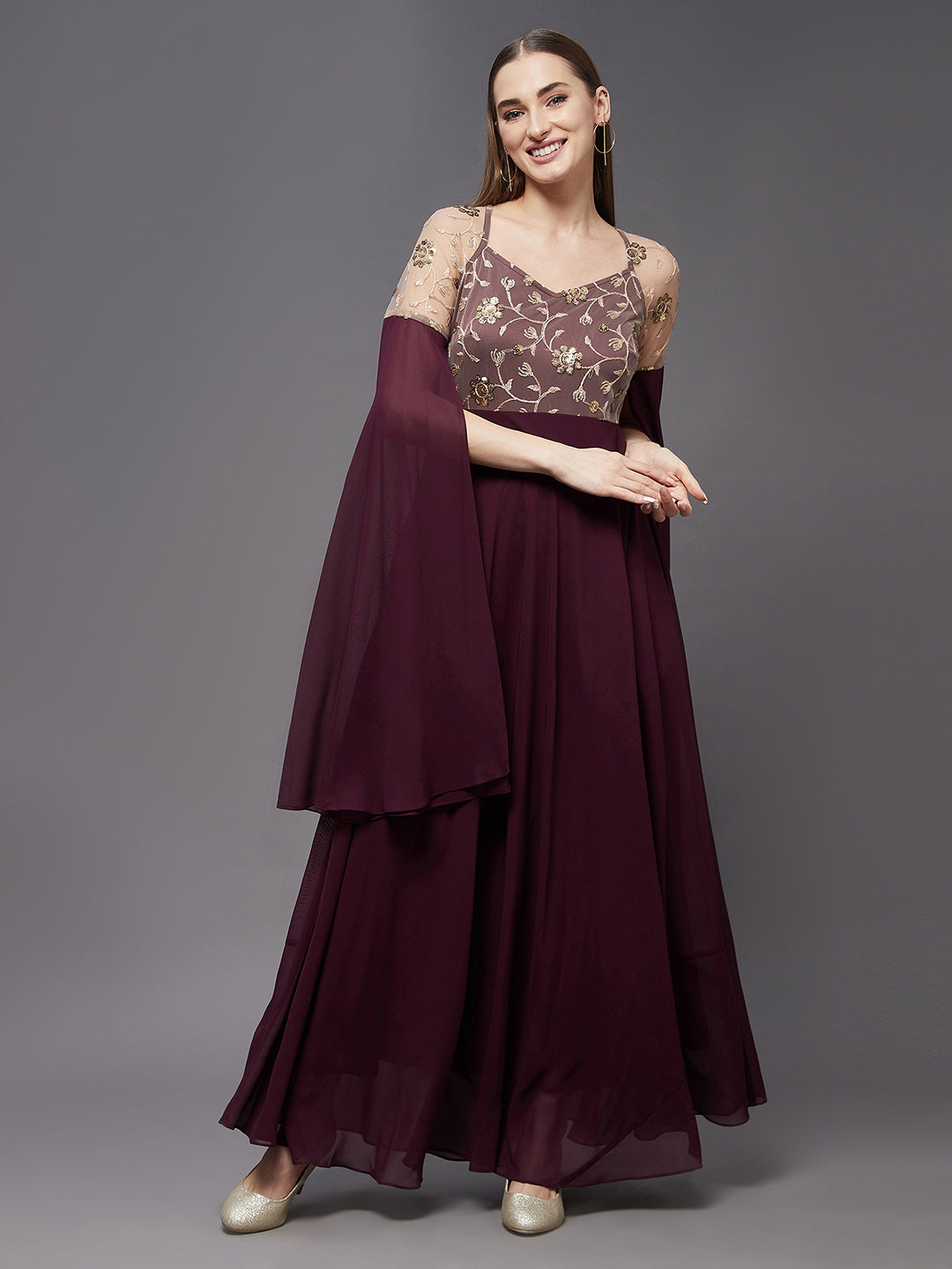 Women's Wine V-Neck Flared Long sleeve Embroidered Fit & Flare Maxi Dress