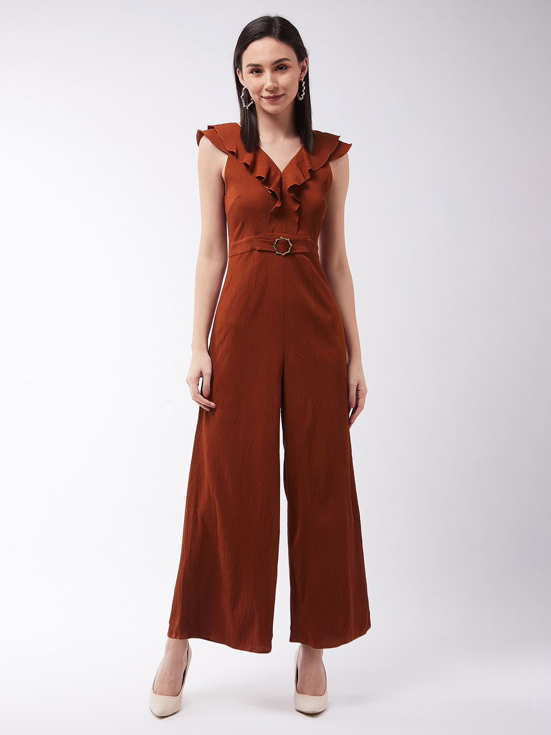 Women's Rust V-Neck Sleeveless Solid Wide-Leg/Ruffles Regular Jumpsuit