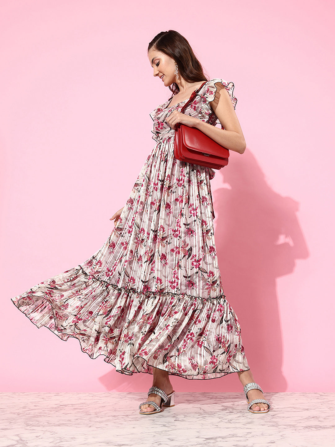 Women's Multicolored-Base-Off White Square Neck Layered Ruffles Sleeve Floral Patterned Tiered Maxi Georgette Dress