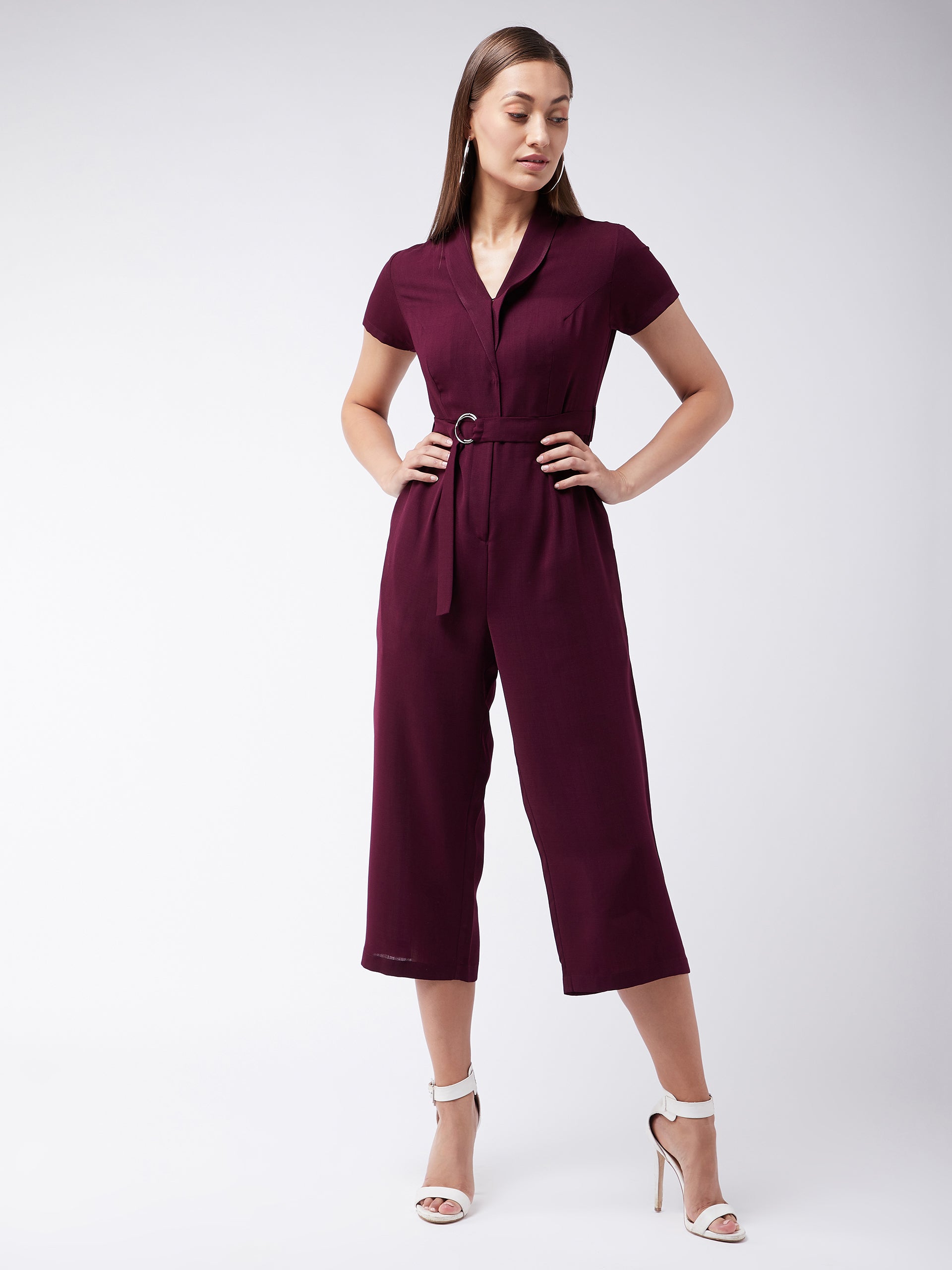 Women's Purple Shawl Collar Half Sleeve Solid Straight Leg Regular Jumpsuit