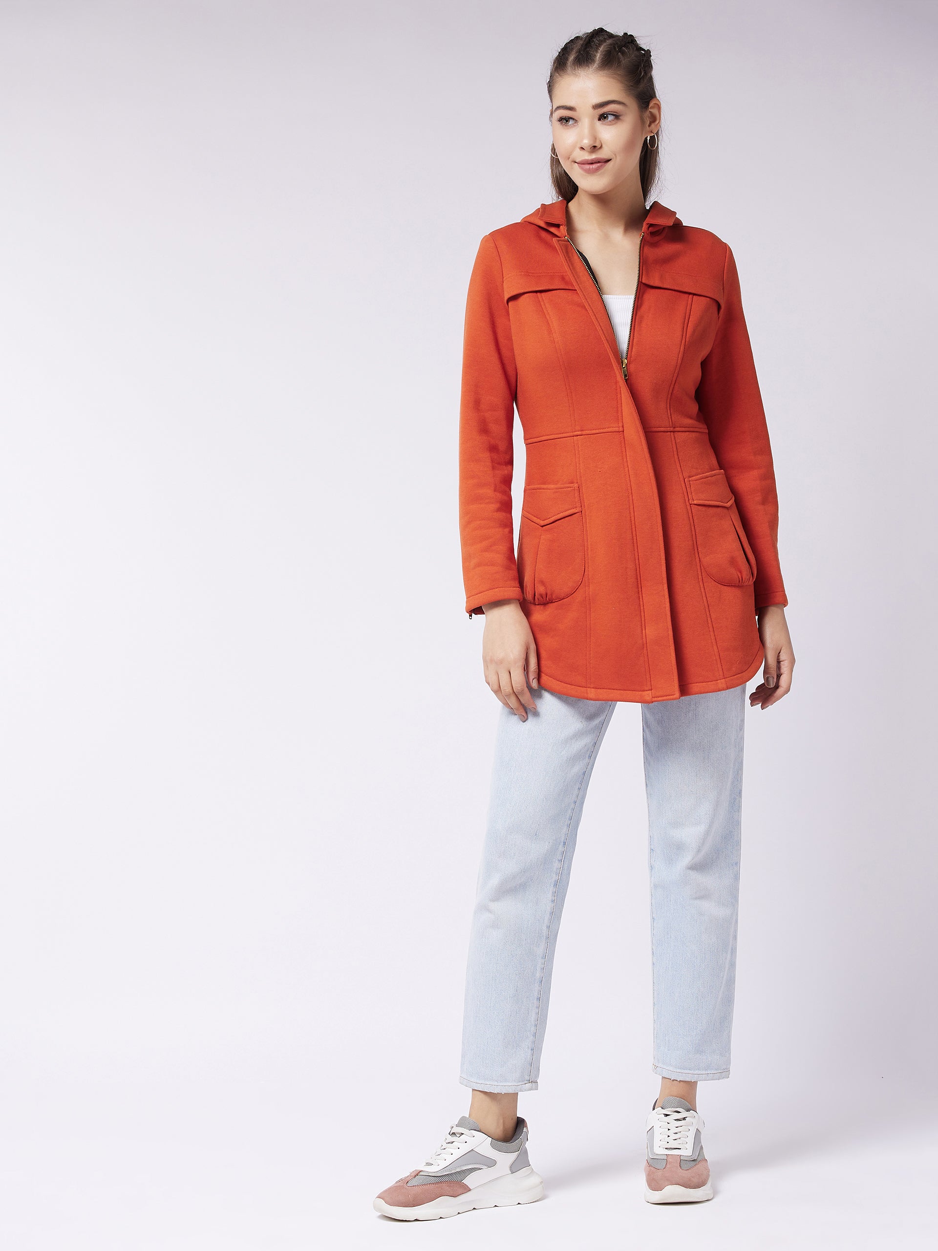 Women's Rust Hooded Full Sleeve Solid Longline Jacket