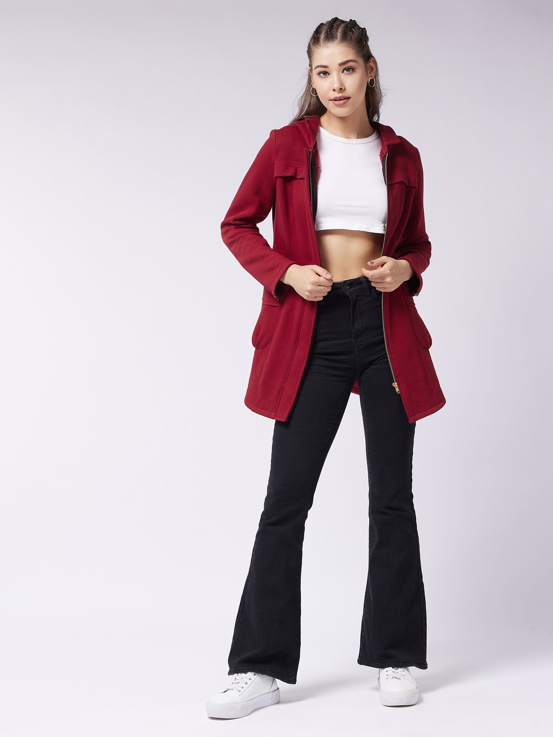 Women's Maroon Hooded Full Sleeve Solid Longline Jacket