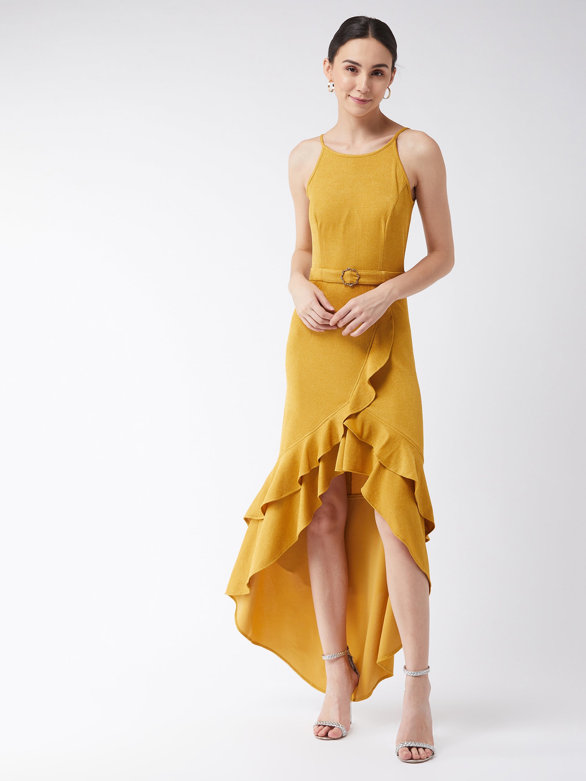 Crease Ease Women's Mustard Halter Neck Sleeveless Solid Ruffled Maxi Dress