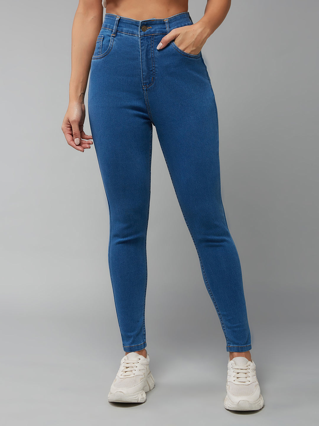 Women's Blue Skinny High Rise Clean Look Cropped Stretchable Denim Jeans