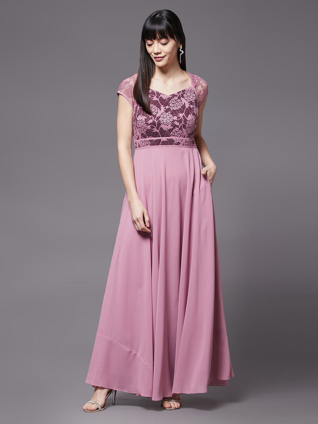 Women's Lavender & Wine V-Neck Cap Sleeves Floral Lace Fit & Flare Maxi Dress